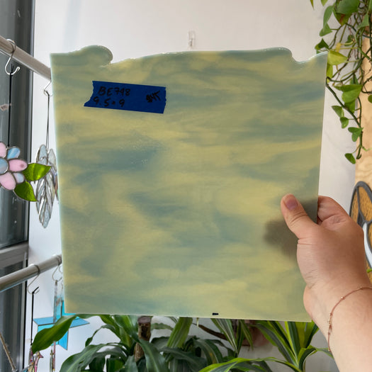 Cream Blue Wispy Bullseye 90 COE Sheet Glass Bullseye BE798 (9.5x9in)