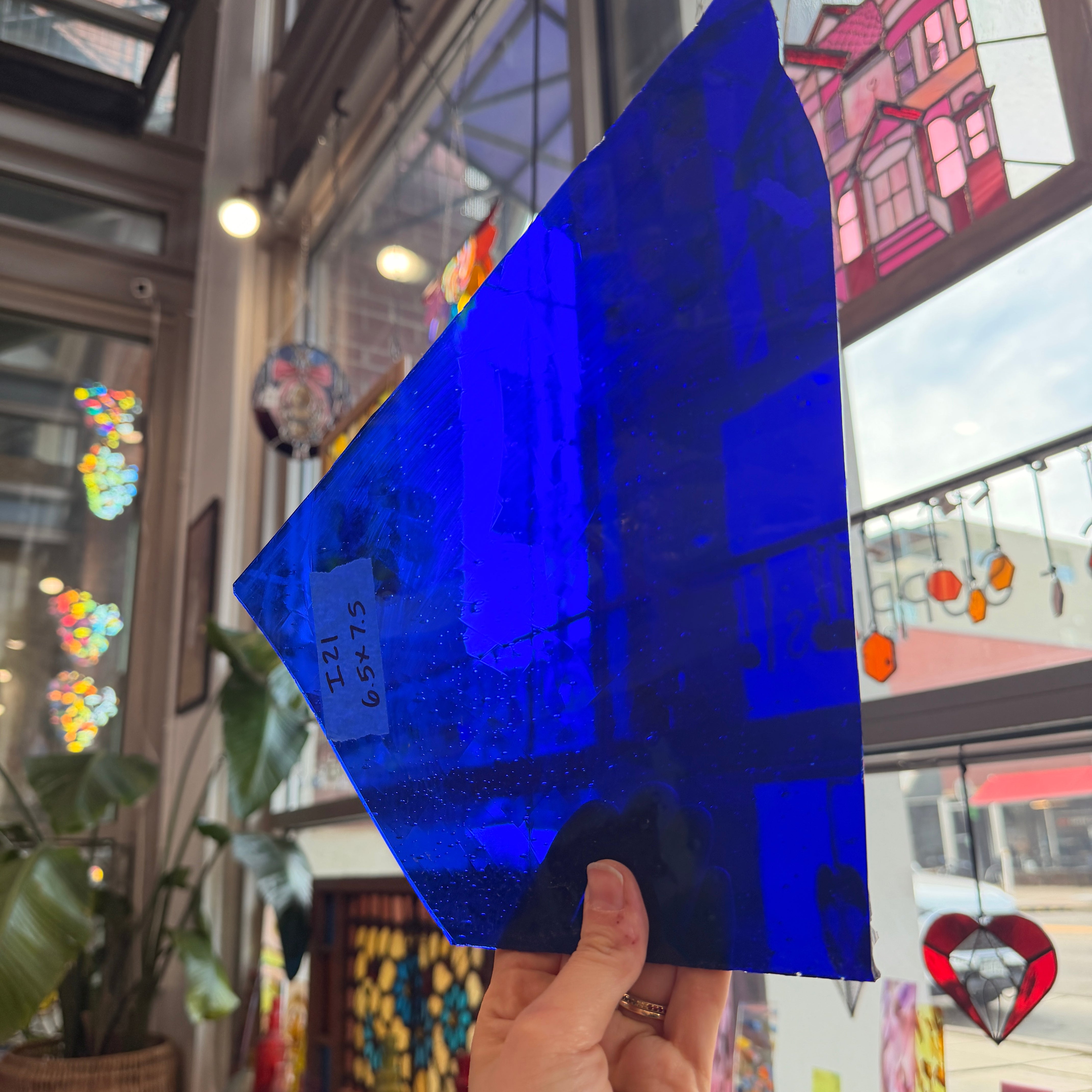 Dark Blue on Clear Flashed Transparent Mouth Blown Sheet Glass Colorado Glassworks