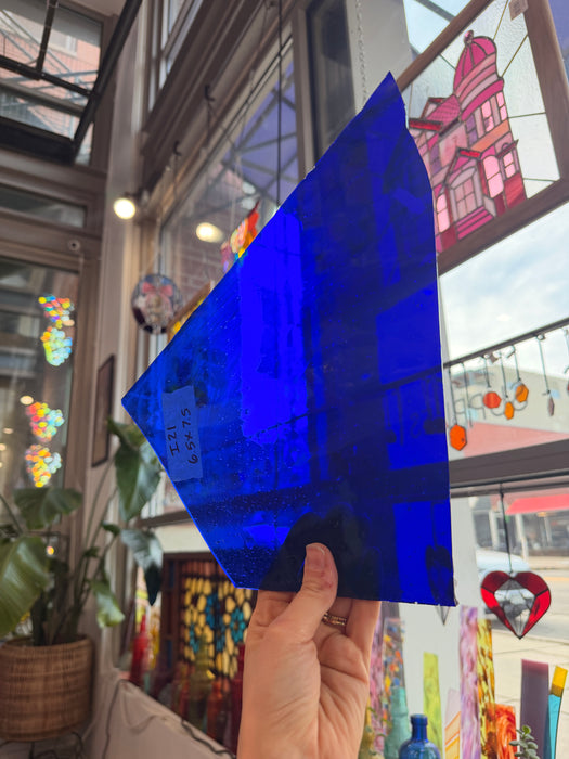 Dark Blue on Clear Flashed Transparent Mouth Blown Sheet Glass Colorado Glassworks
