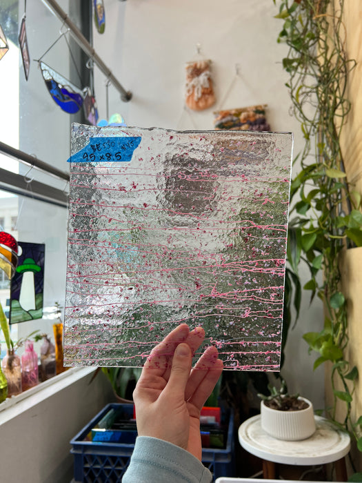 Clear Textured Bullseye with Pink Streamers Confetti Fusible 90 COE Sheet Glass Colorado Glassworks