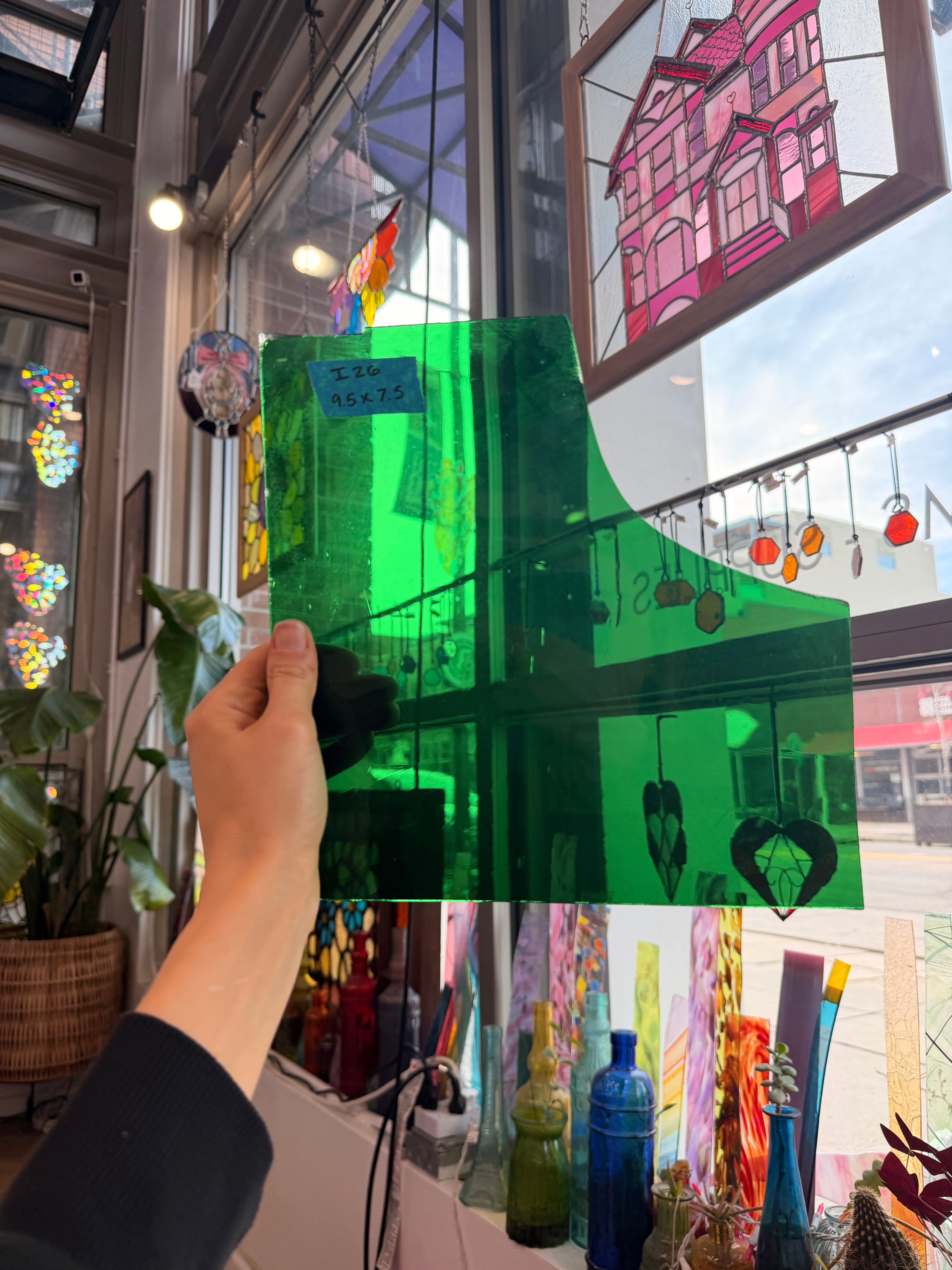 Dark Green on Clear Mouthblown Flash Glass Sheet Glass Colorado Glassworks 9.5x7.5in (UNK-71402797)