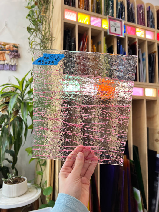 Clear Textured Bullseye with Pink Streamers Confetti Fusible 90 COE Sheet Glass Colorado Glassworks BE531 (9.5x8.5in)