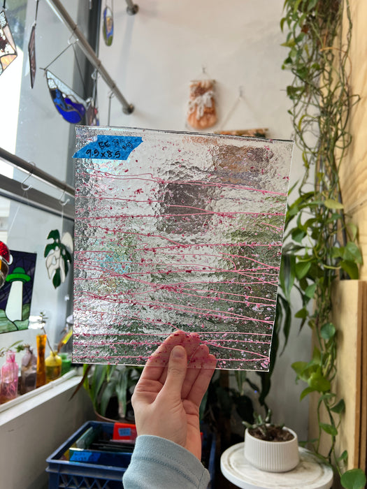 Clear Textured Bullseye with Pink Streamers Confetti Fusible 90 COE Sheet Glass Colorado Glassworks