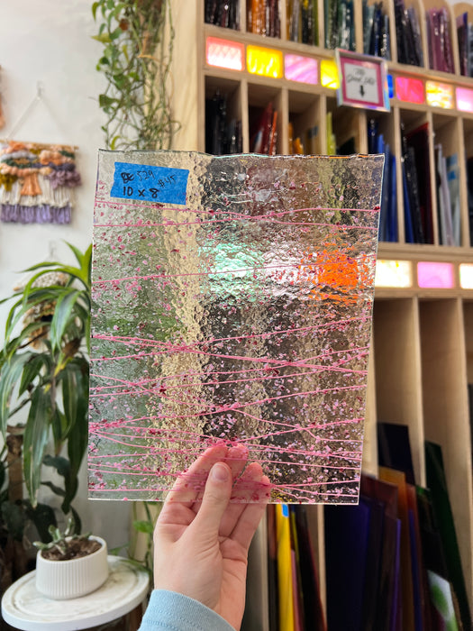 Clear Textured Bullseye with Pink Streamers Confetti Fusible 90 COE Sheet Glass Colorado Glassworks BE529 (10x8in)