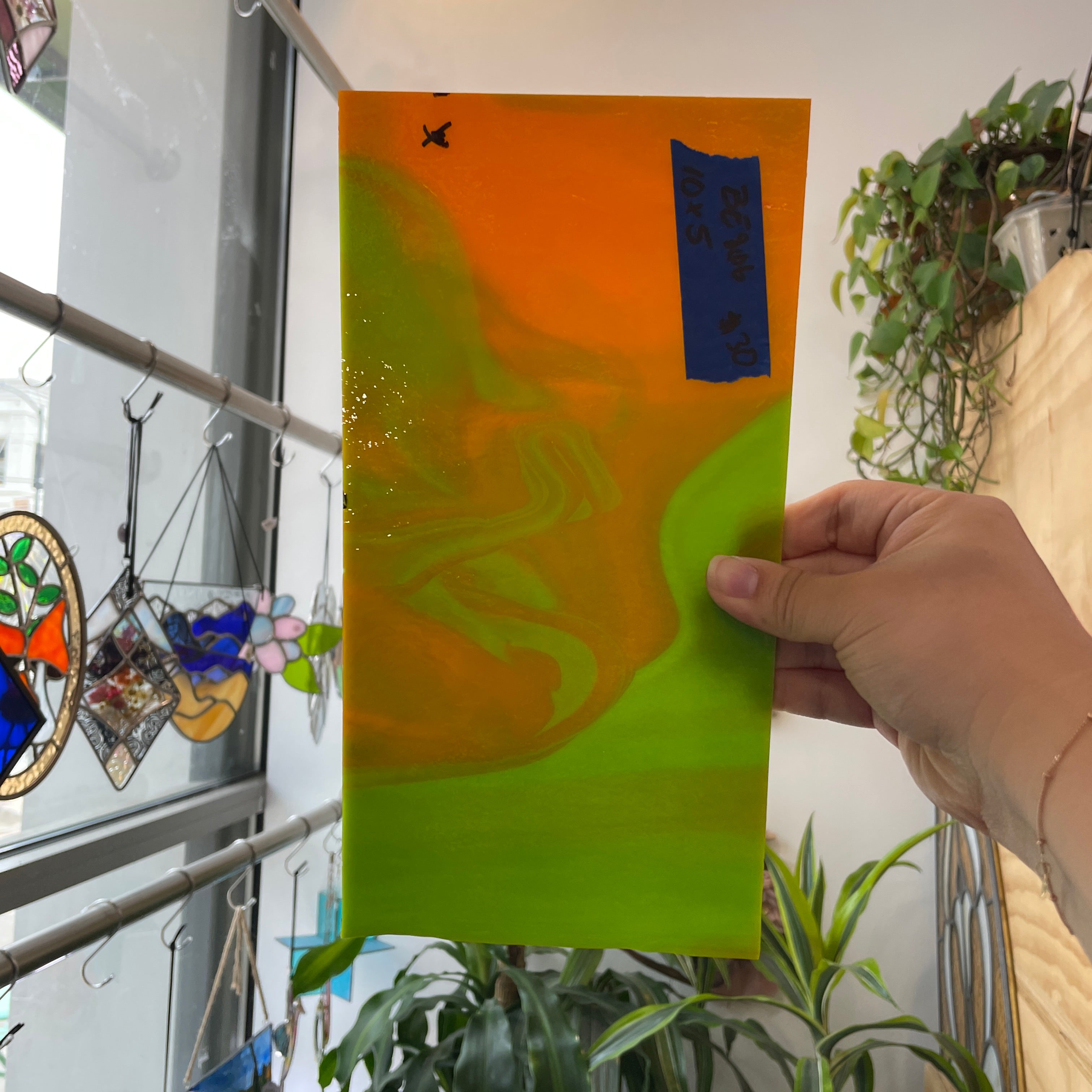 Lime Green Neon Orange Bullseye 90 COE Sheet Glass Colorado Glass Works BE806 (10x5in)