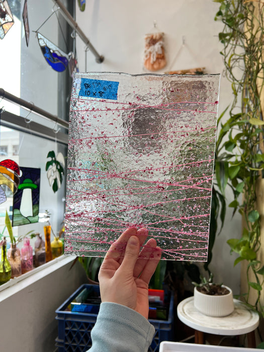Clear Textured Bullseye with Pink Streamers Confetti Fusible 90 COE Sheet Glass Colorado Glassworks