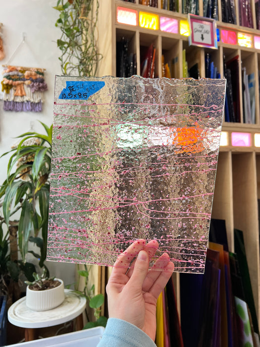Clear Textured Bullseye with Pink Streamers Confetti Fusible 90 COE Sheet Glass Colorado Glassworks BE528 (10.5x8.5in)