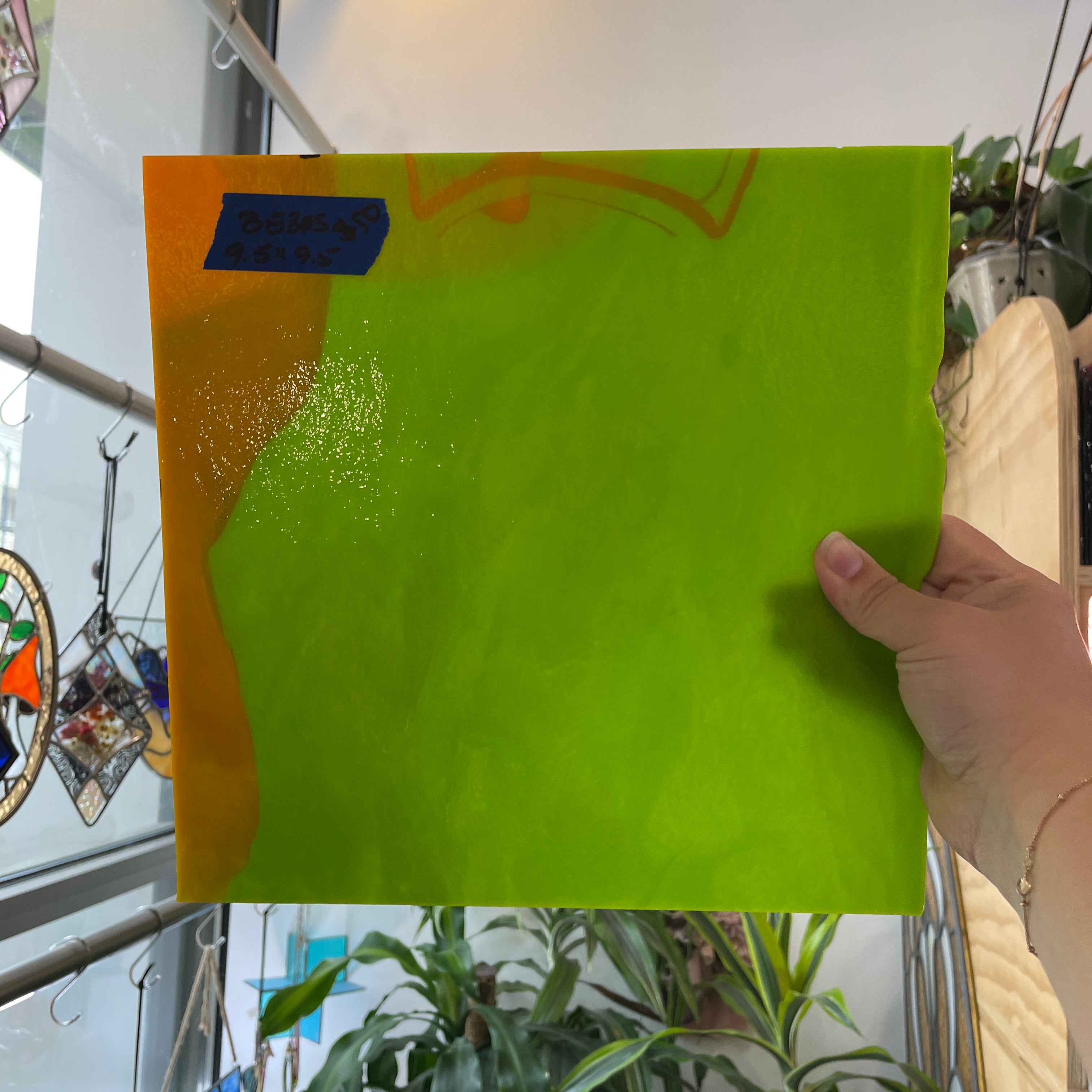 Lime Green Neon Orange Bullseye 90 COE Sheet Glass Colorado Glass Works BE805 (9.5x9.5in)