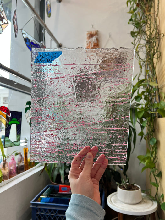 Clear Textured Bullseye with Pink Streamers Confetti Fusible 90 COE Sheet Glass Colorado Glassworks