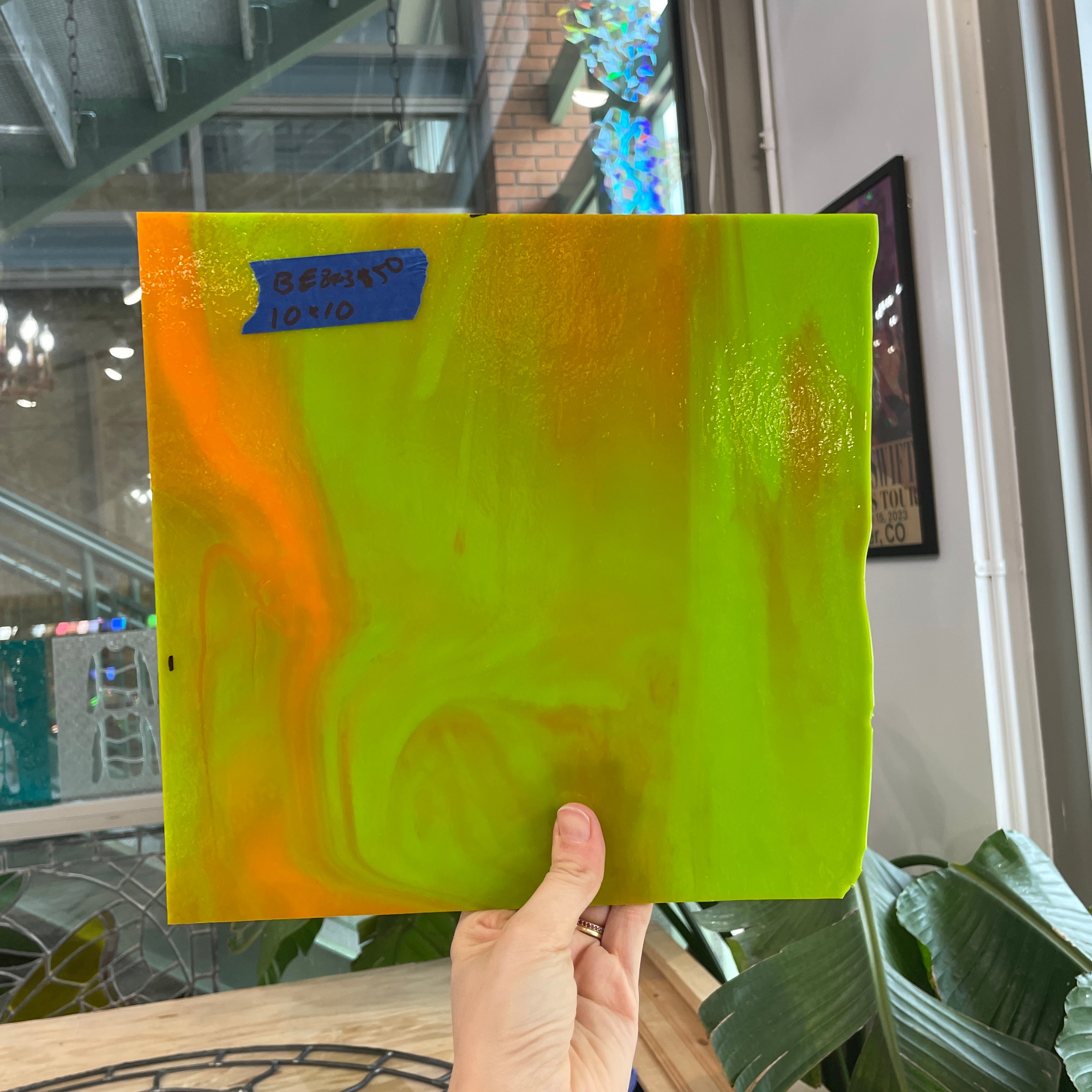 Lime Green Neon Orange Bullseye 90 COE Sheet Glass Colorado Glass Works BE804 (9.5x10in)