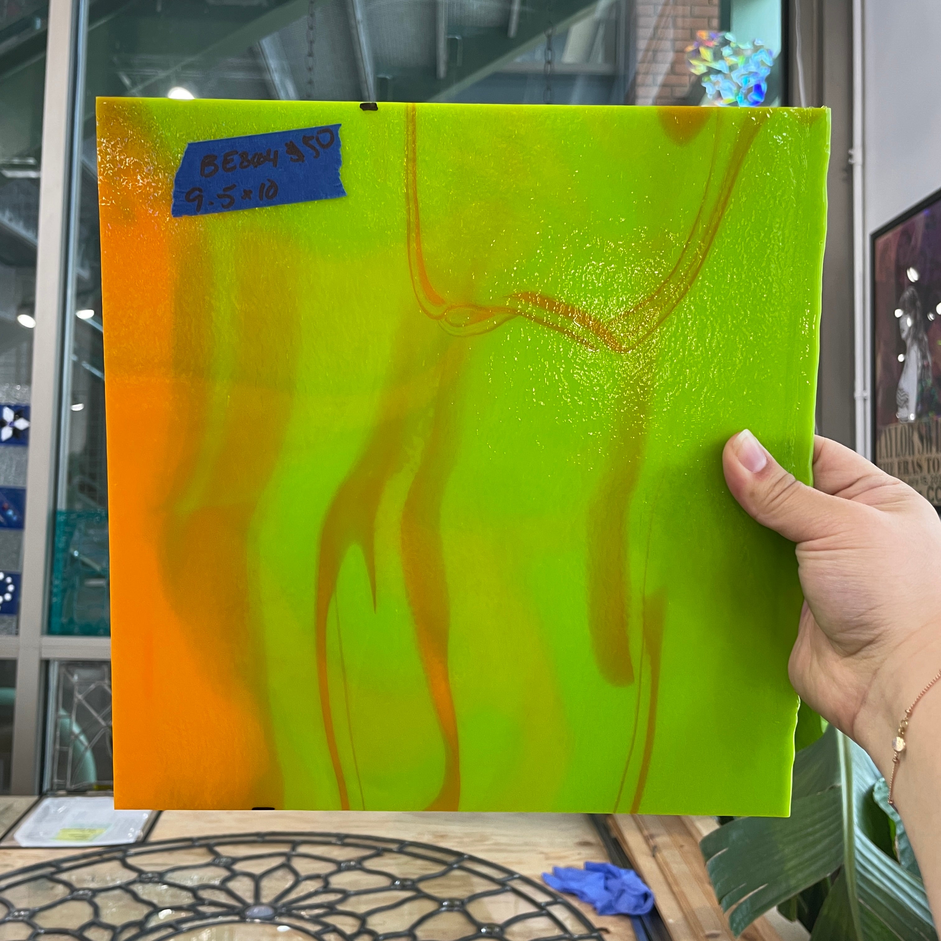 Lime Green Neon Orange Bullseye 90 COE Sheet Glass Colorado Glass Works BE801 (9.5x10in)