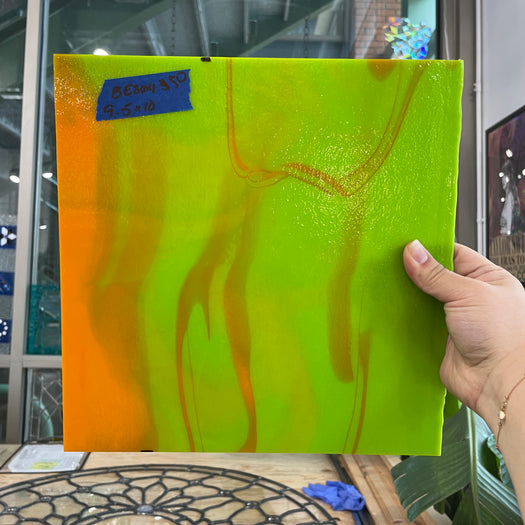 Lime Green Neon Orange Bullseye 90 COE Sheet Glass Colorado Glass Works BE801 (9.5x10in)