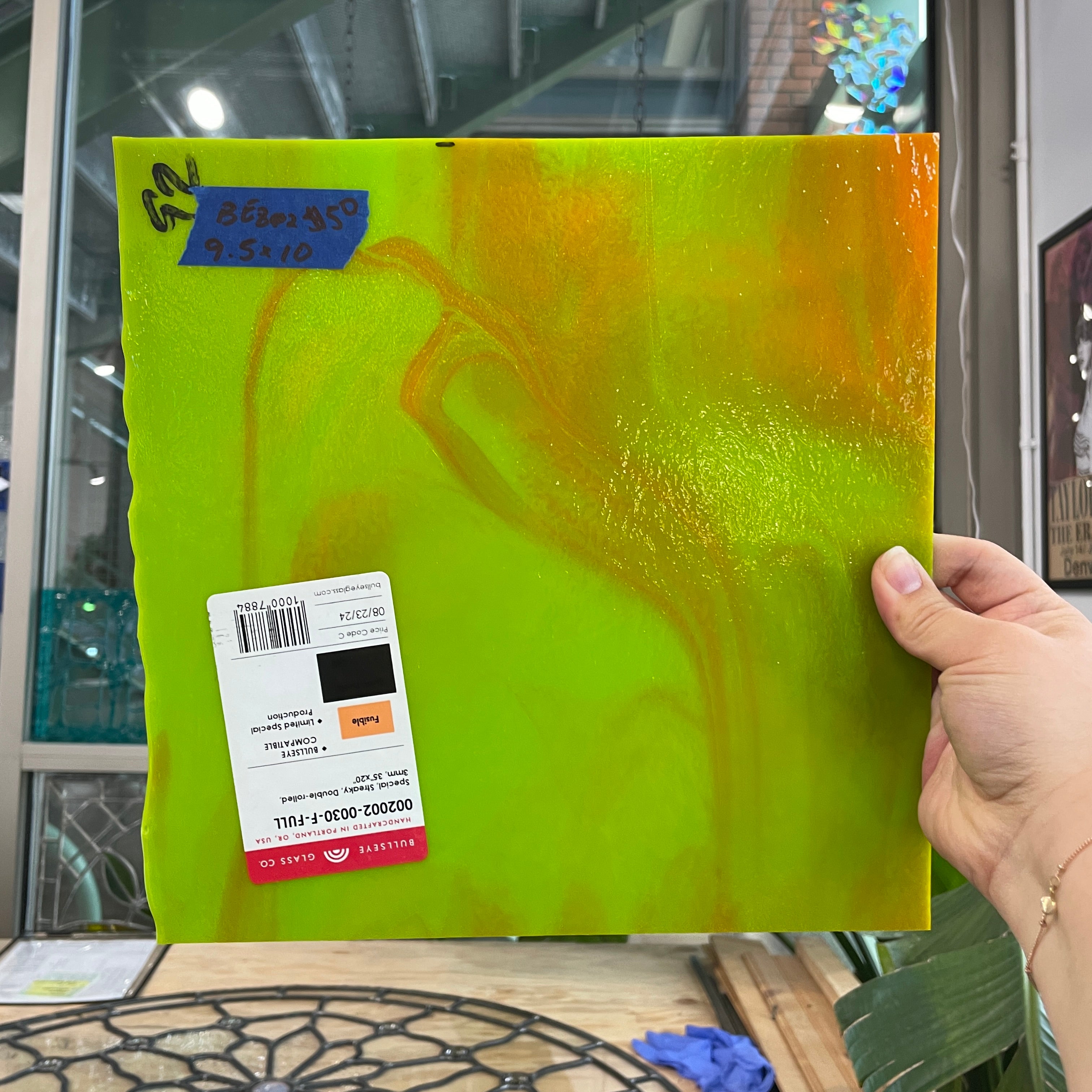 Lime Green Neon Orange Bullseye 90 COE Sheet Glass Colorado Glass Works BE802 (9.5x10in)
