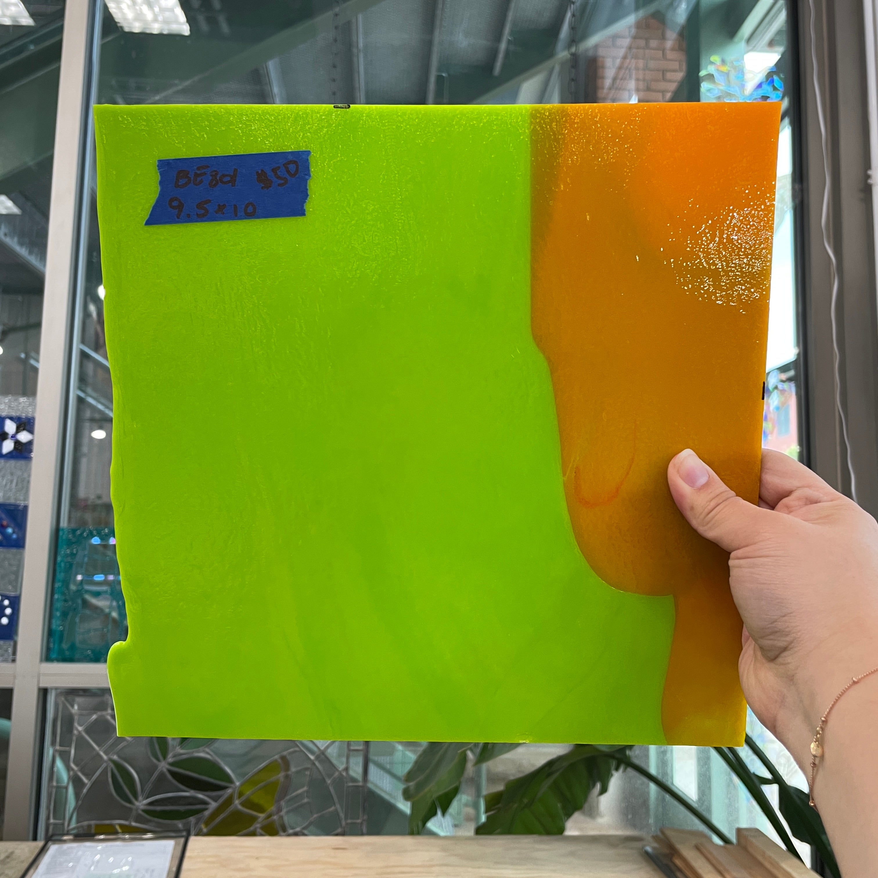 Lime Green Neon Orange Bullseye 90 COE Sheet Glass Colorado Glass Works BE803 (10x10in)