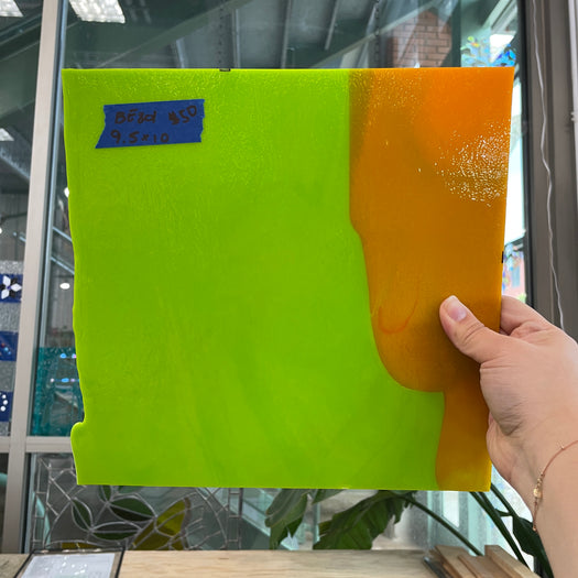 Lime Green Neon Orange Bullseye 90 COE Sheet Glass Colorado Glass Works BE803 (10x10in)