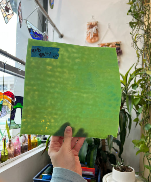 Light Green Mottled Semi-Opaque Bullseye Sheet Glass Colorado Glassworks