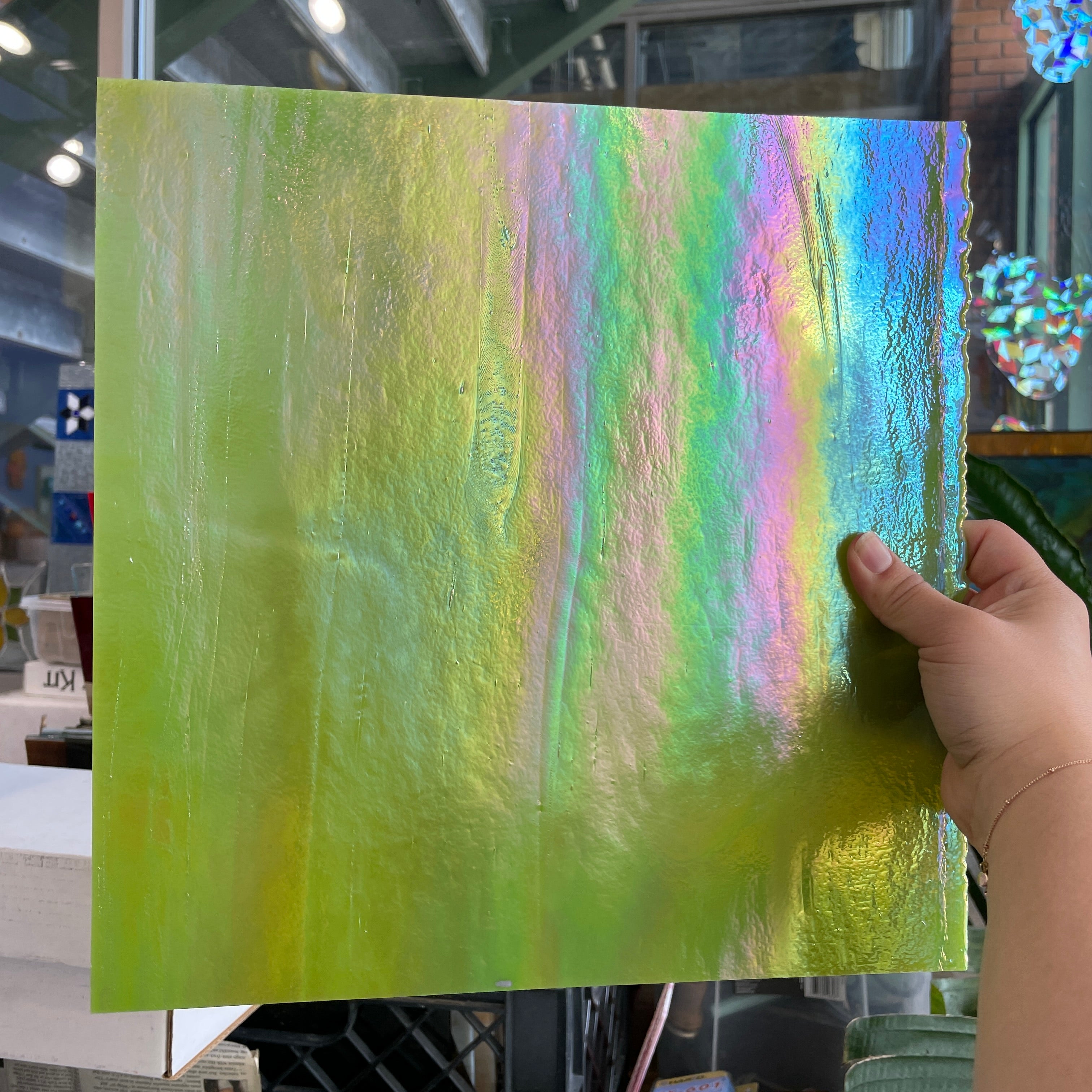 Slime Green Iridescent Youghiogheny Sheet Glass Colorado Glassworks YG-SLIME-I (12x12in)