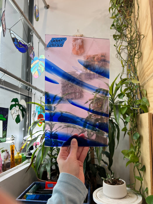 Lamberts Mouth Blown Goldpink (Pink) & Blue on Clear S31 Sheet Glass Colorado Glass Works