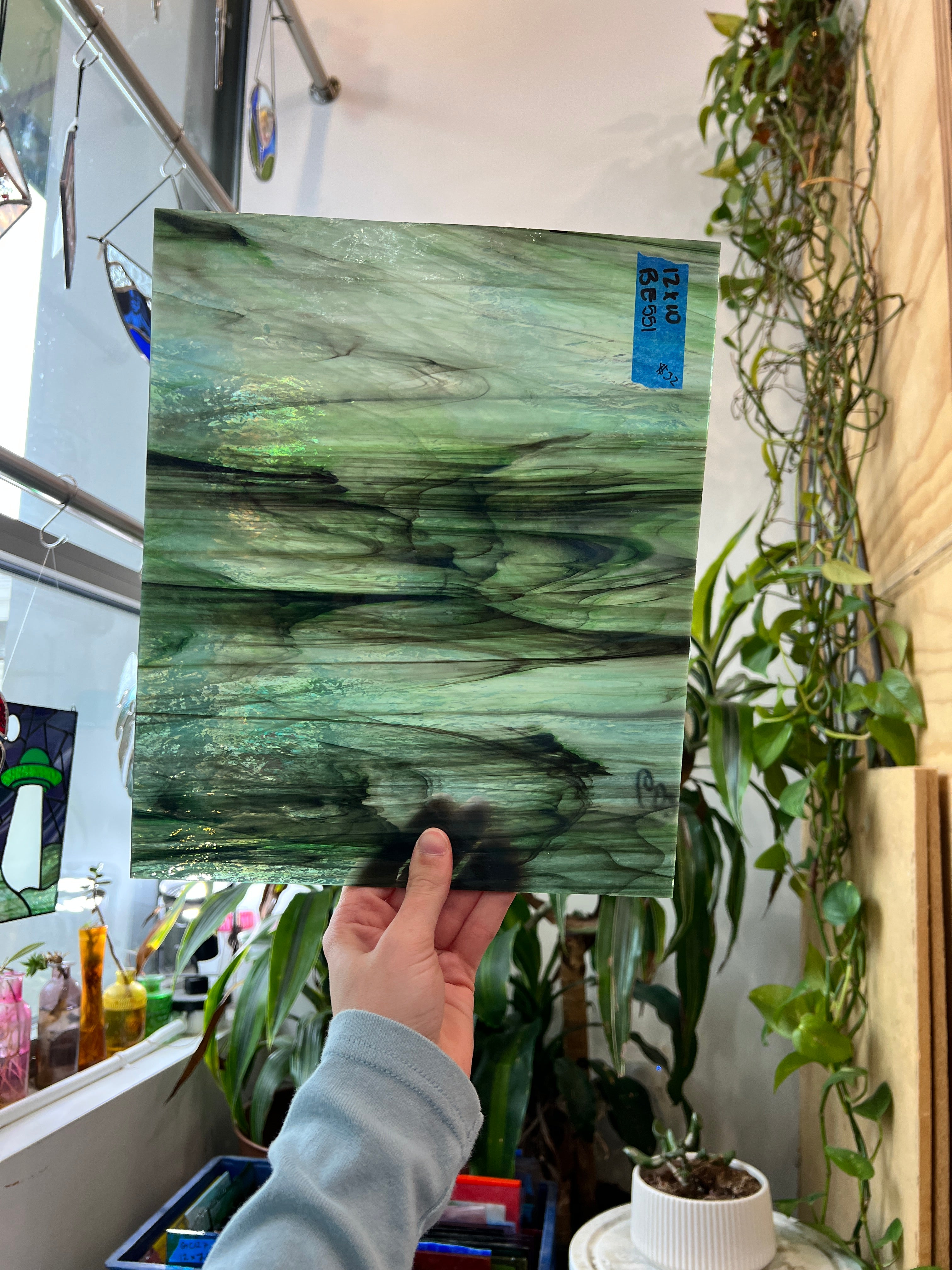 Green White Black Wispy Textured Bullseye Sheet Glass Colorado Glass Works