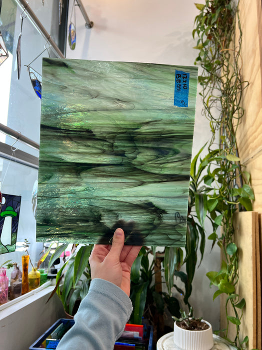 Green White Black Wispy Textured Bullseye Sheet Glass Colorado Glass Works