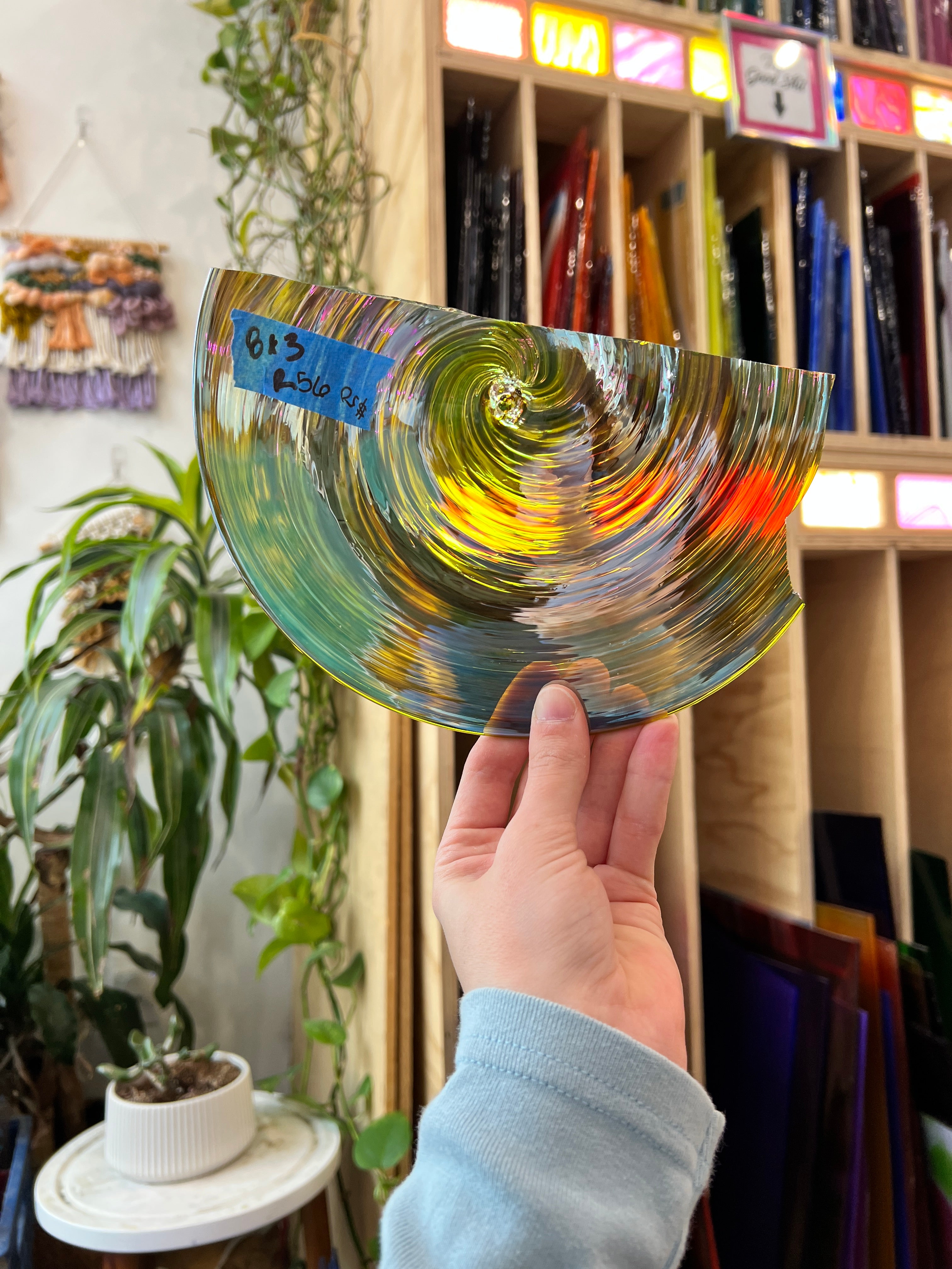 Yellow Blue Frit Twists Half Rondel Sheet Glass Colorado Glass Works