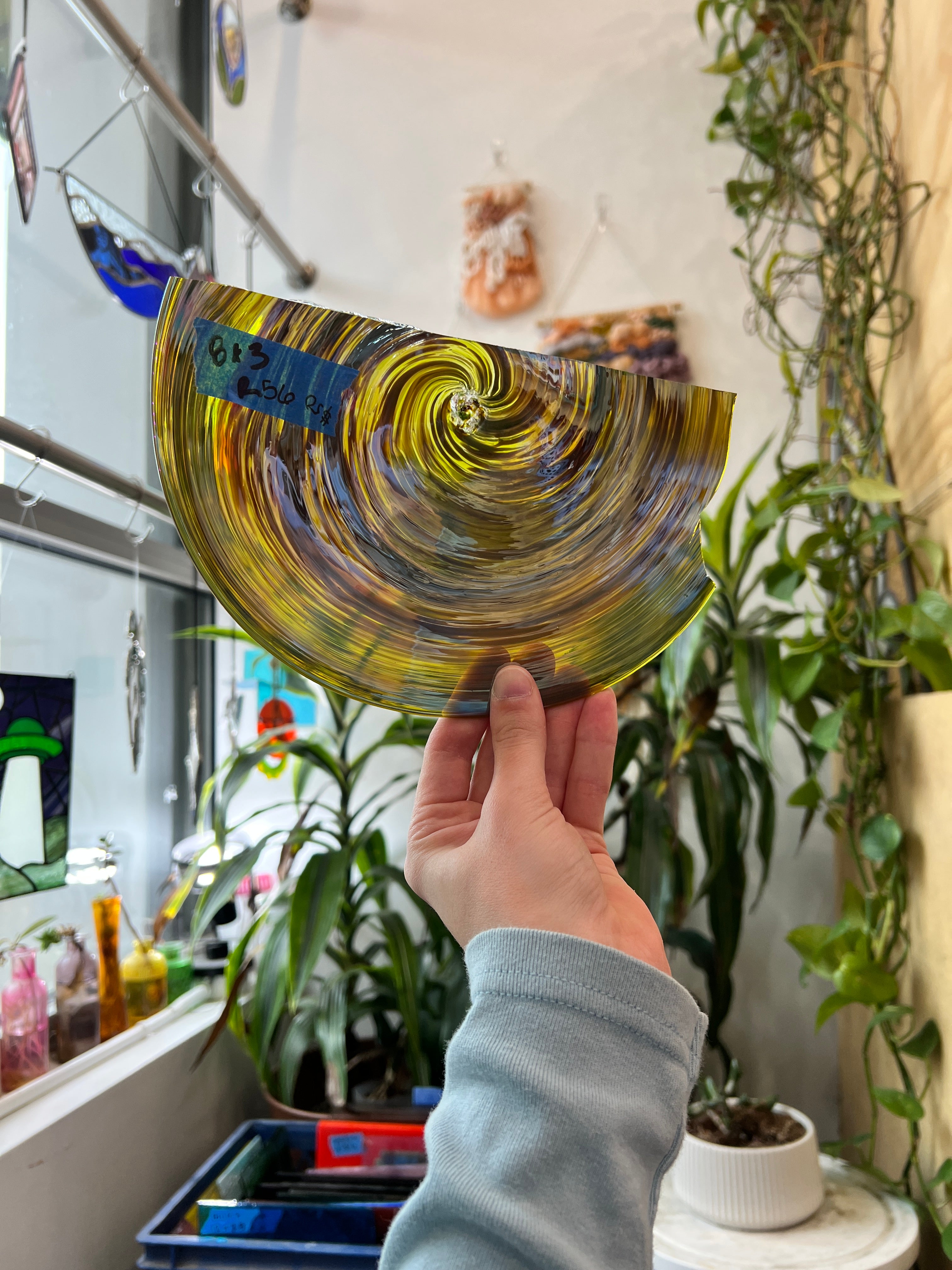 Yellow Blue Frit Twists Half Rondel Sheet Glass Colorado Glass Works