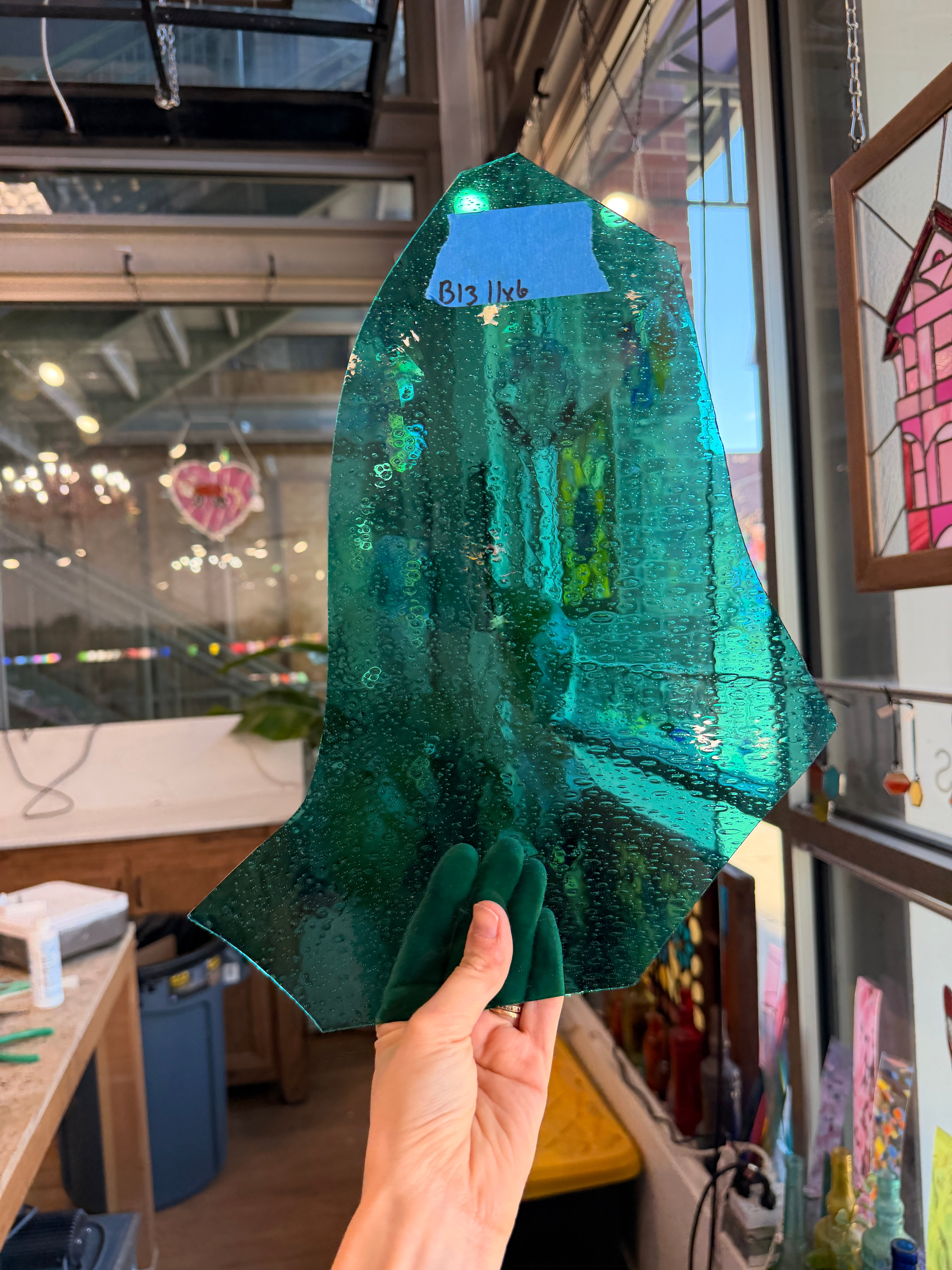 Bubbled Transparent Mouth Blown Teal Sheet Glass Colorado Glassworks