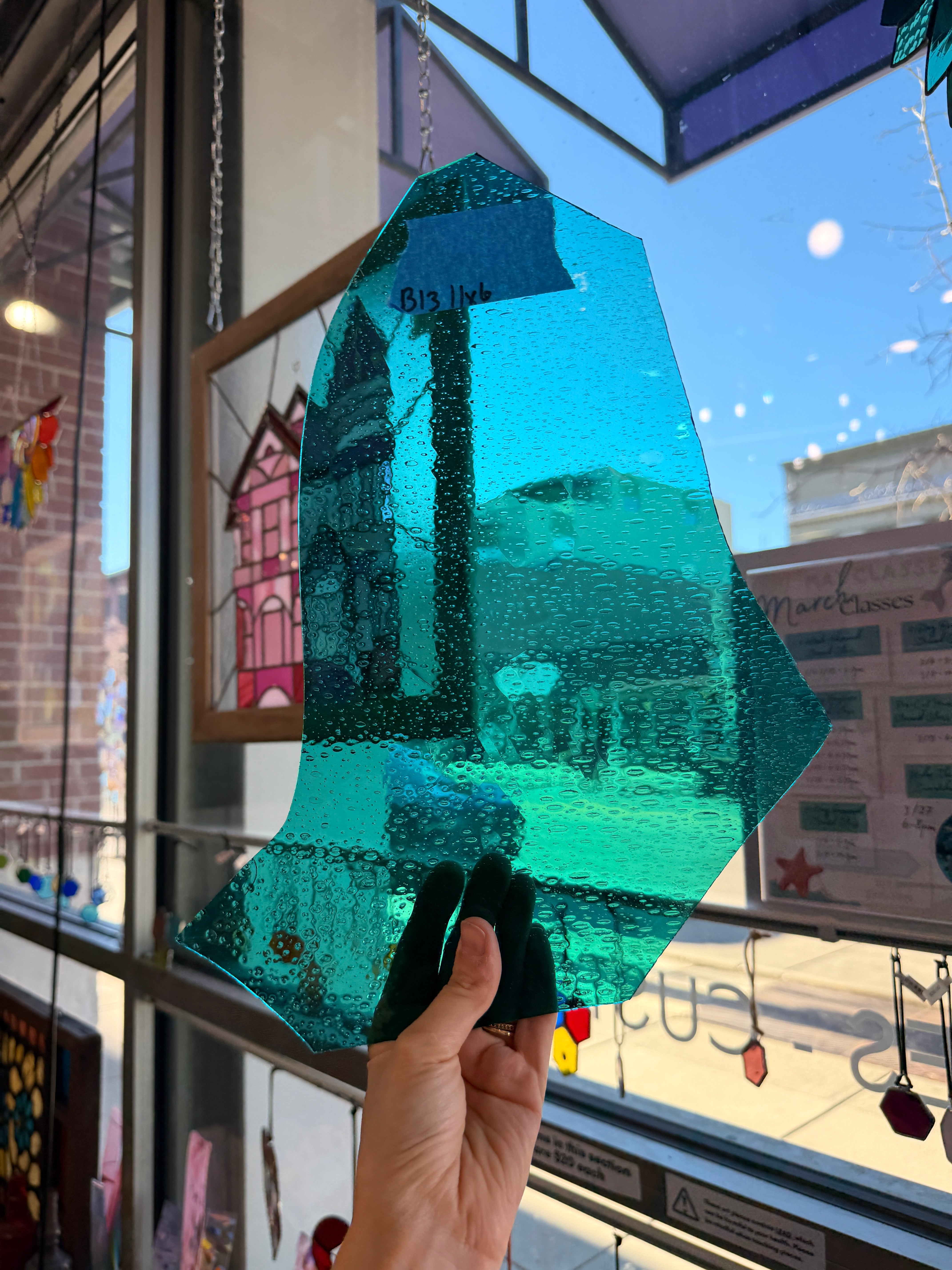 Bubbled Transparent Mouth Blown Teal Sheet Glass Colorado Glassworks