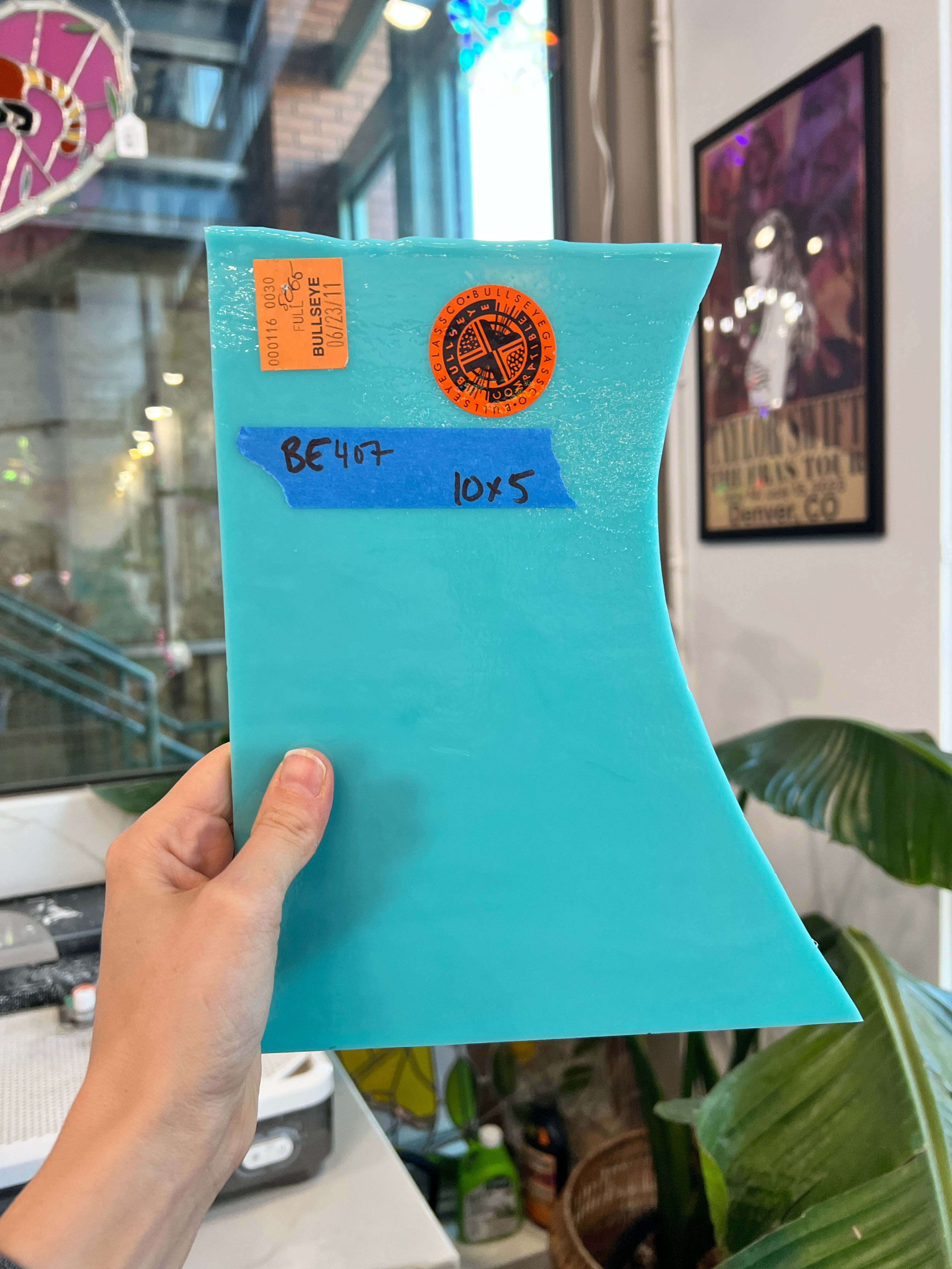 Turquoise Blue Opalescent Bullseye Double-rolled, 3 mm Fusible 90 COE Sheet Glass Colorado Glass Works BE407 (10x5in)