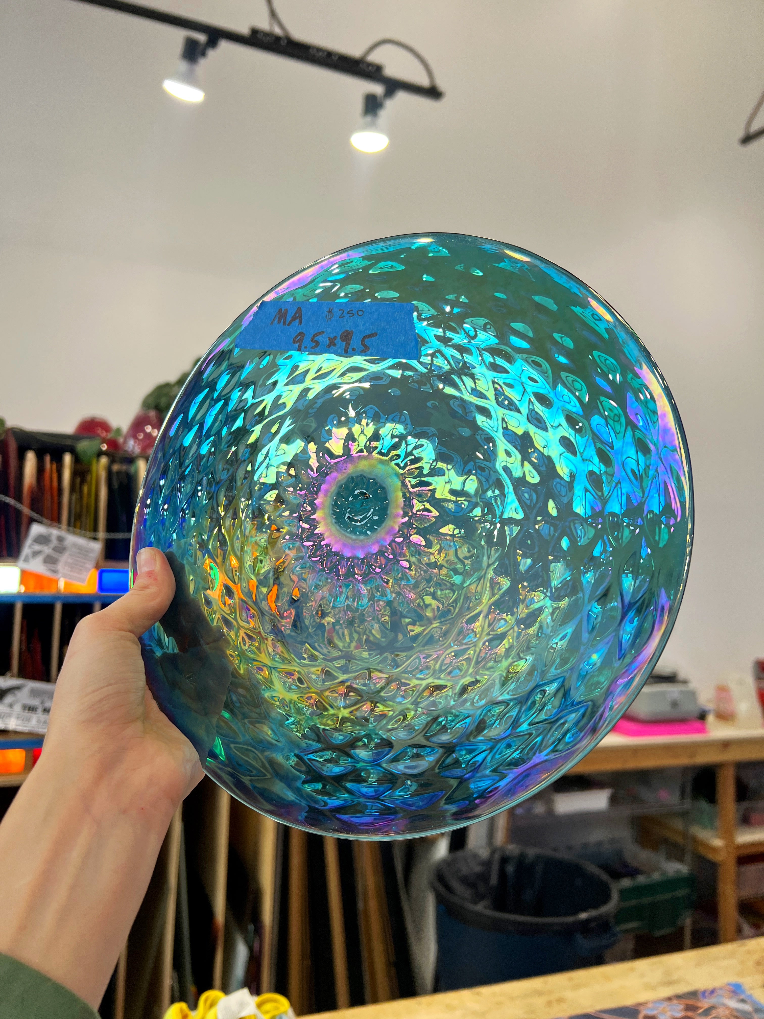 Blue Iridescent Optic Rondel COGW by Monarch Glass Sheet Glass Colorado Glass Works
