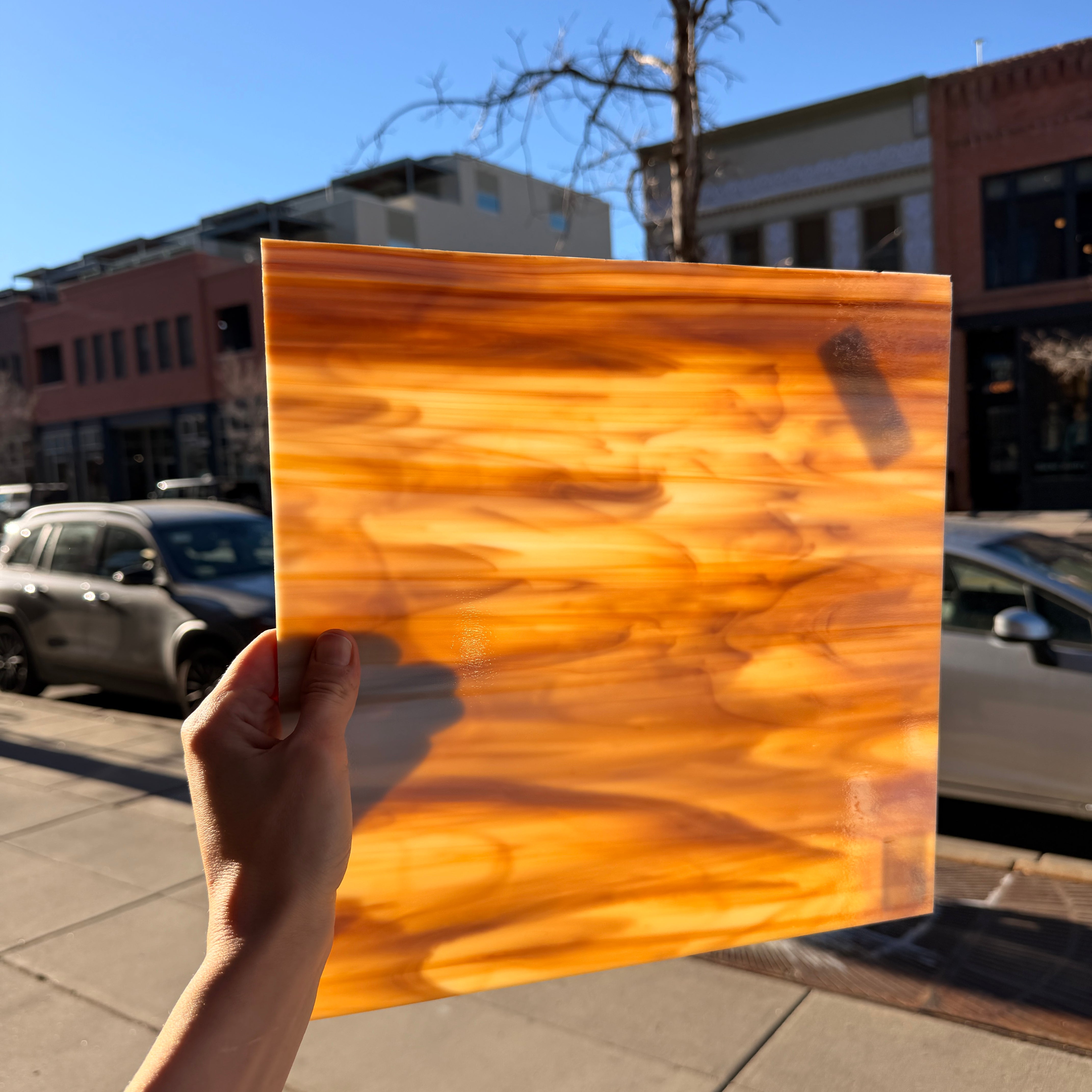 White/Dark Amber Oceanside Fusible 96 COE (OGT 315.6F) Sheet Glass Colorado Glassworks