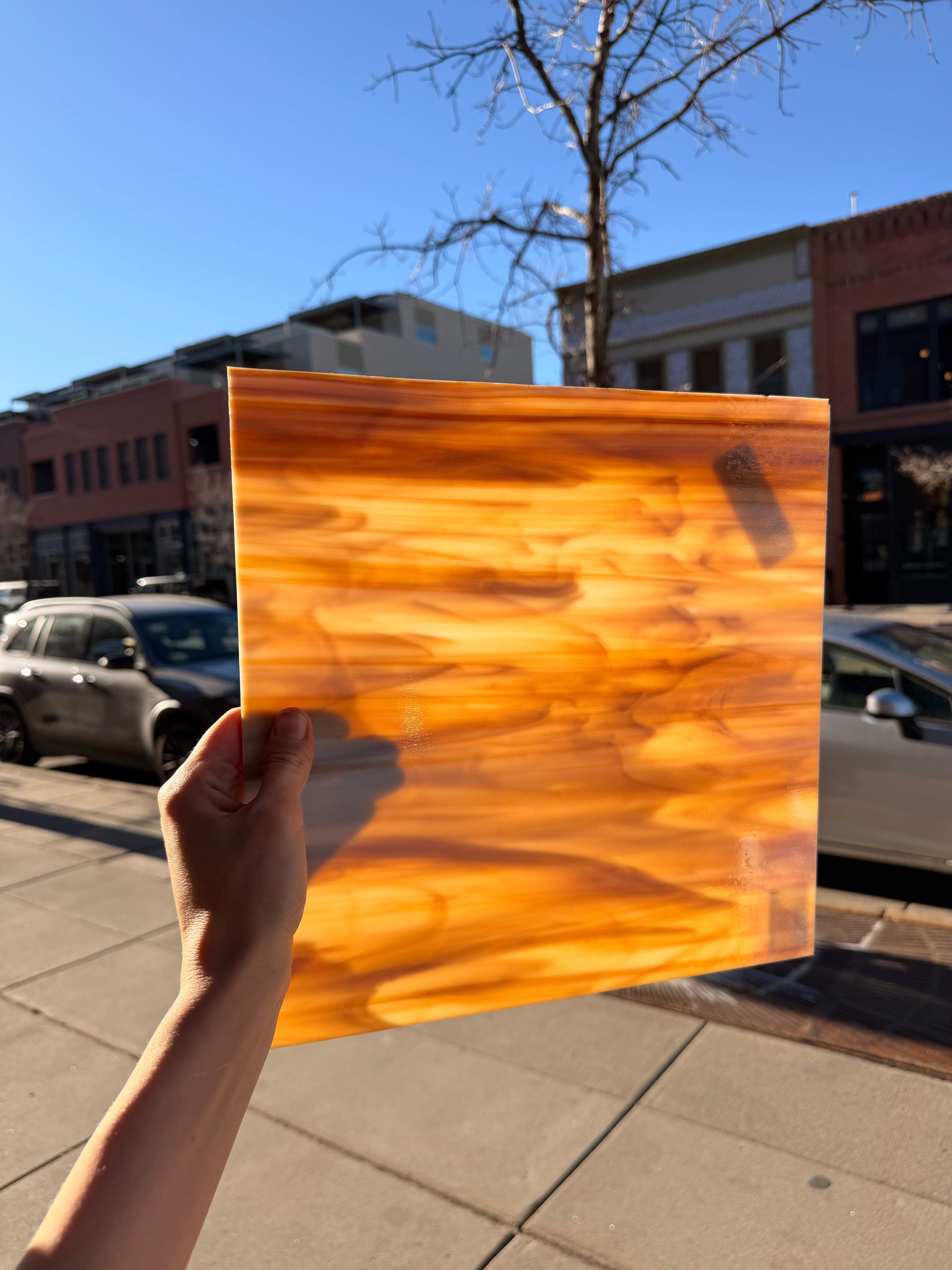 White/Dark Amber Oceanside Fusible 96 COE (OGT 315.6F) Sheet Glass Colorado Glassworks