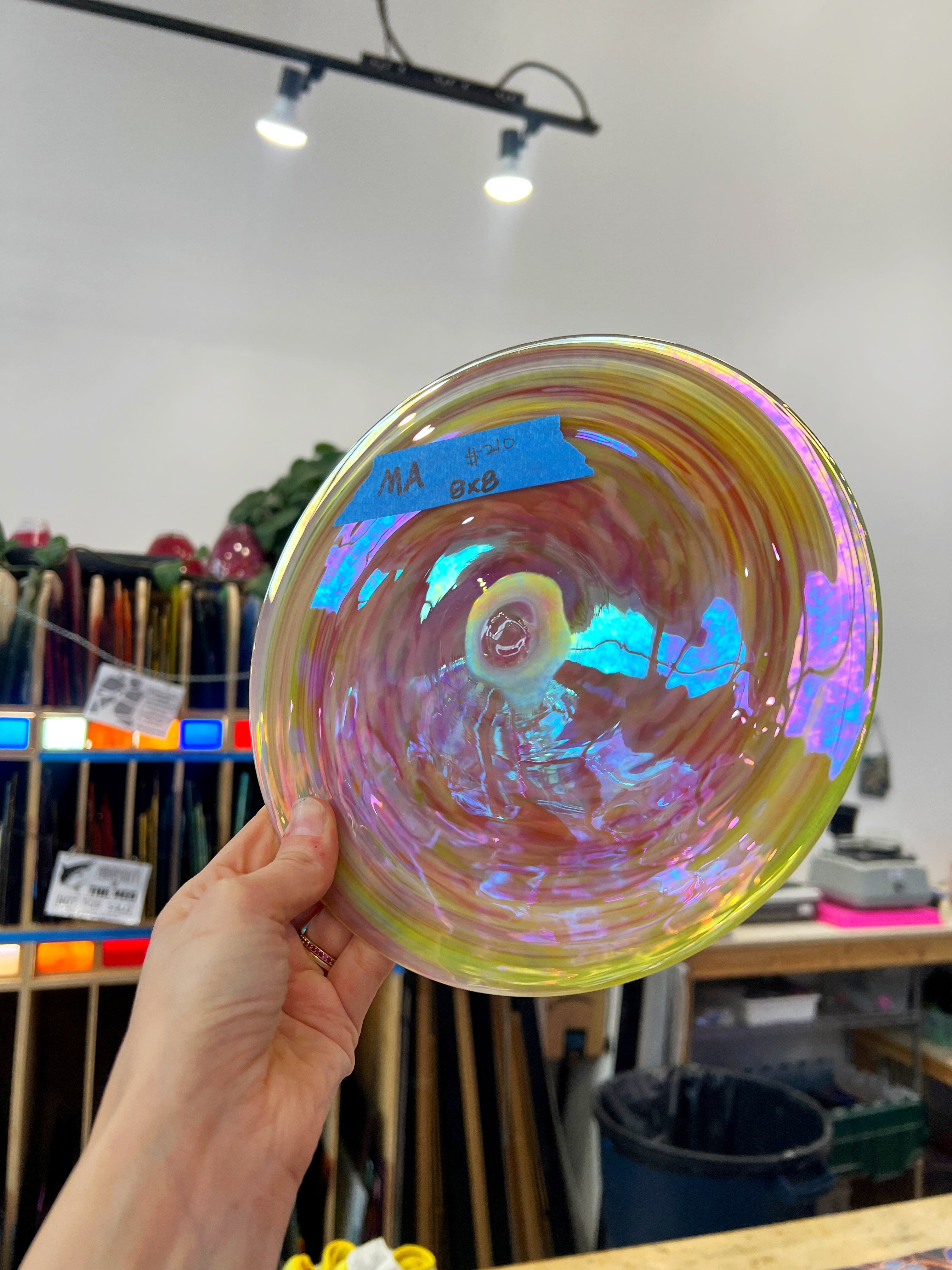 Pink & Yellow Iridescent Rondel COGW by Monarch Glass Sheet Glass Colorado Glass Works