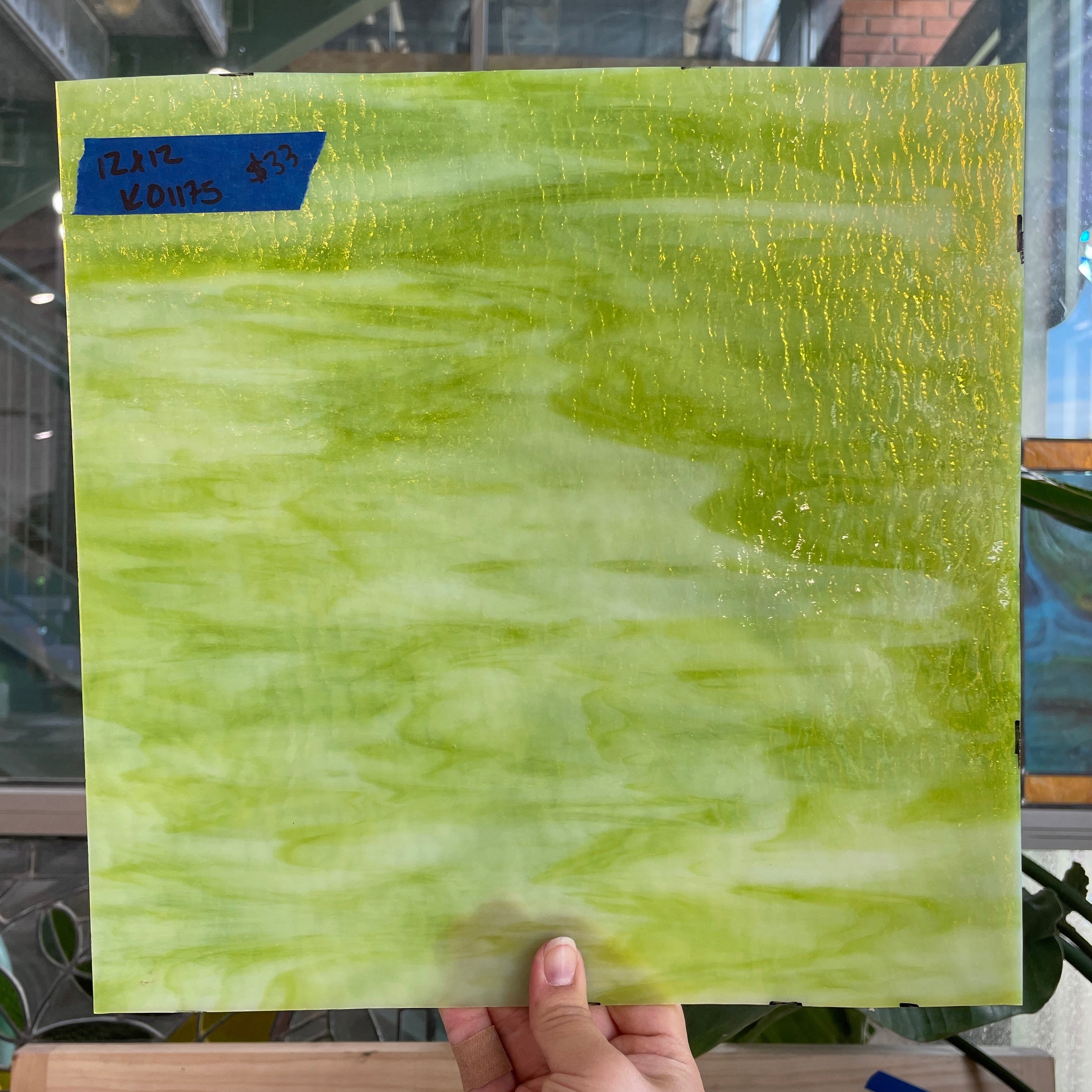 Lime Green White Wispy Transparent Kokomo Sheet Glass Colorado Glassworks