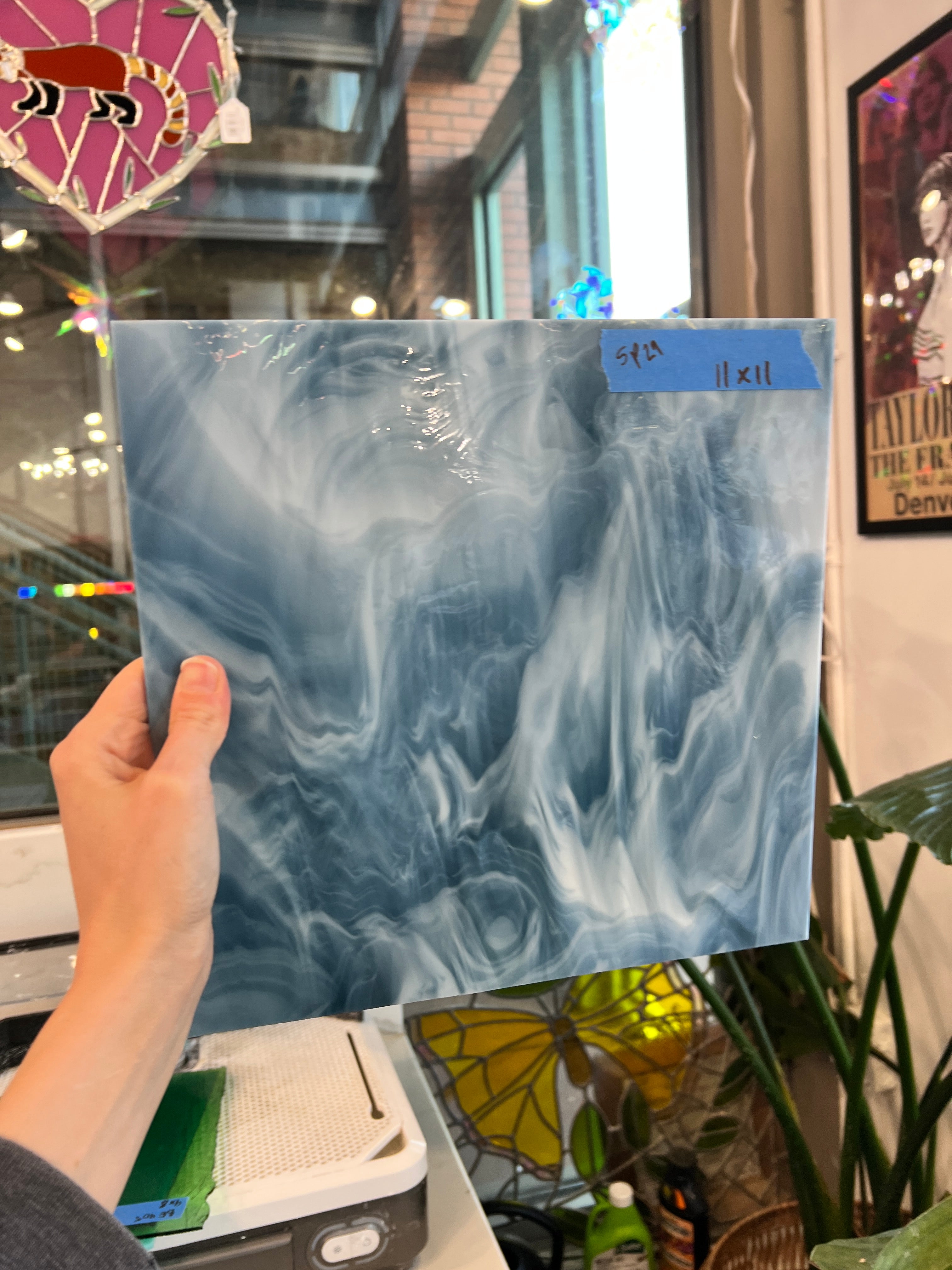 Steel Blue White Wispy Vintage Spectrum Sheet Glass Bullseye SP29 (11x11in)