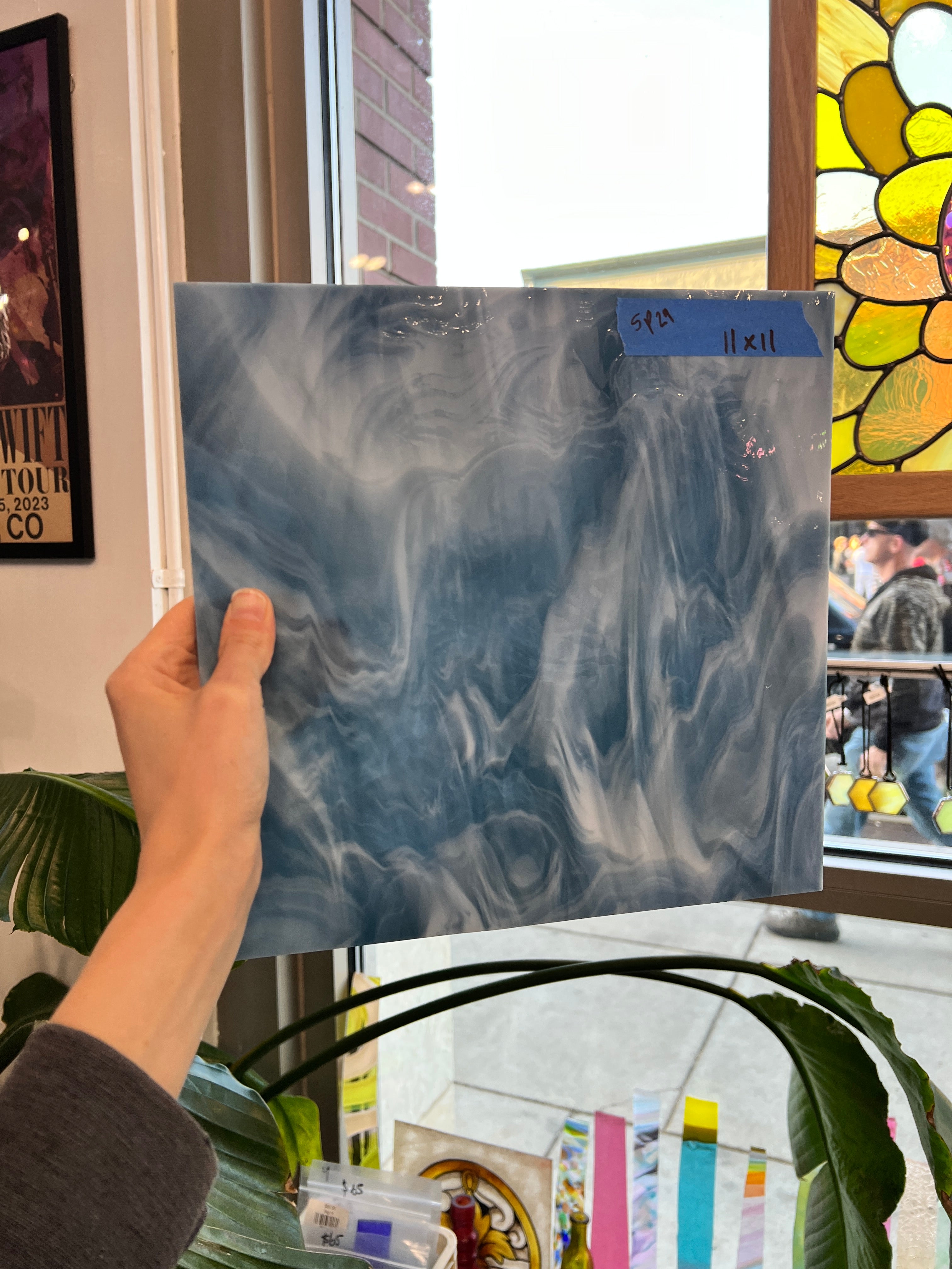 Steel Blue White Wispy Vintage Spectrum Sheet Glass Bullseye