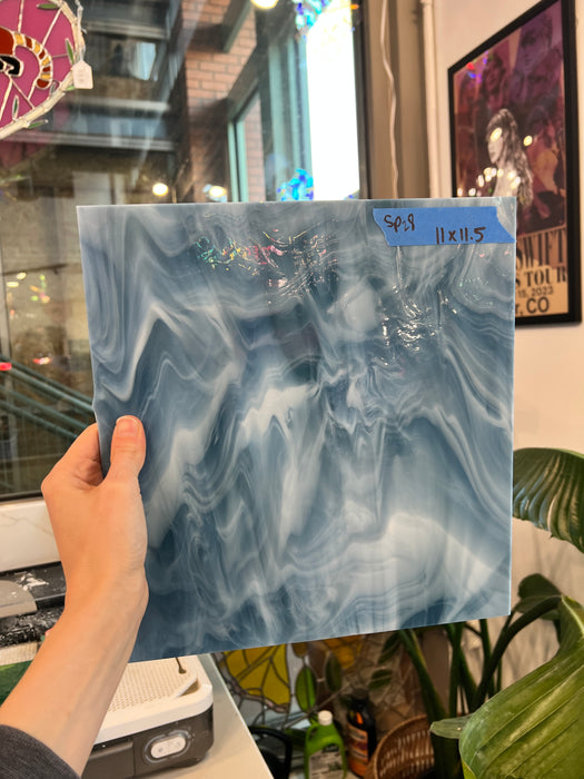 Steel Blue White Wispy Vintage Spectrum Sheet Glass Bullseye SP28 (11x11.5in)