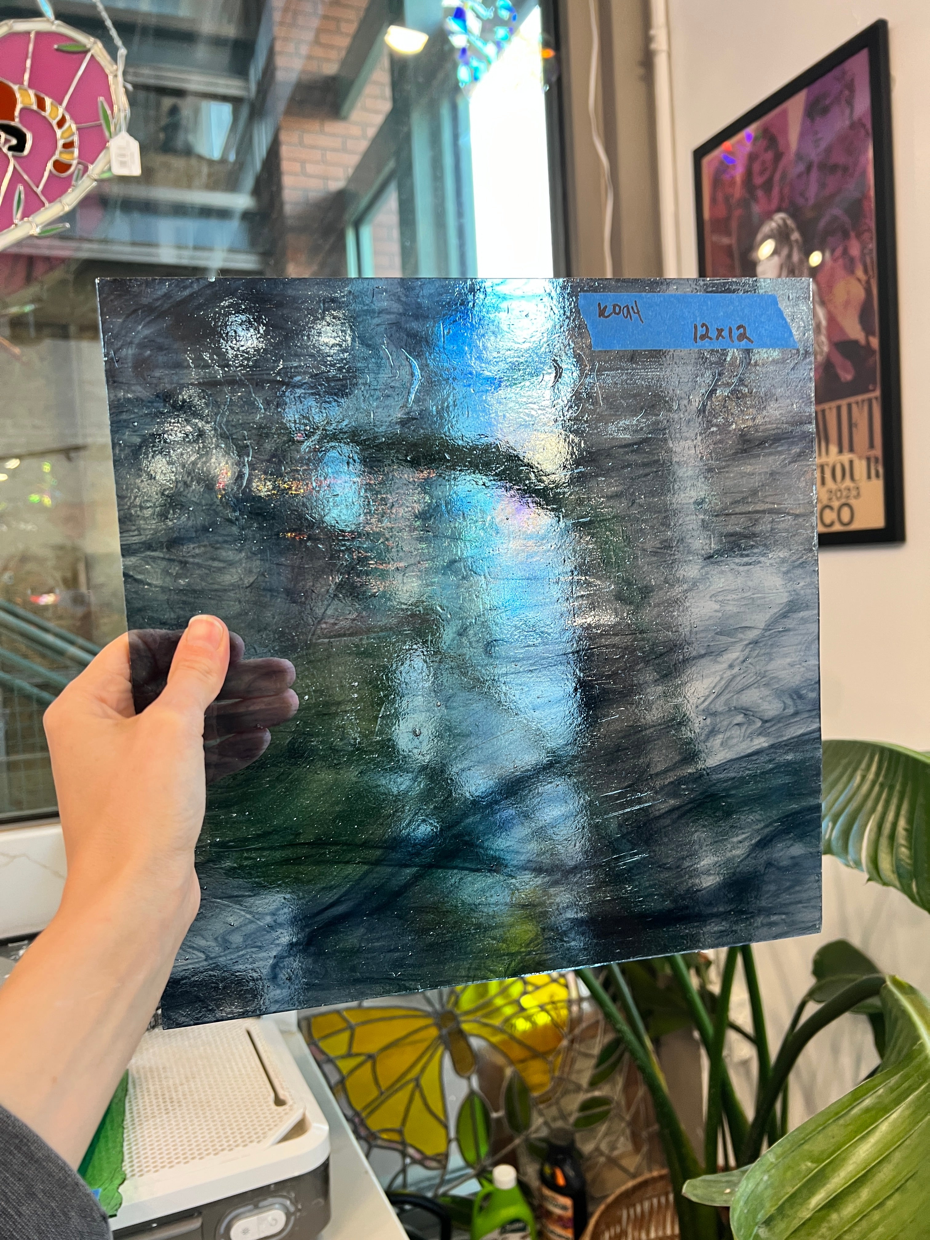 Blue Gray Wispy Vintage Kokomo Sheet Glass Colorado Glassworks KO94 (12x12in)