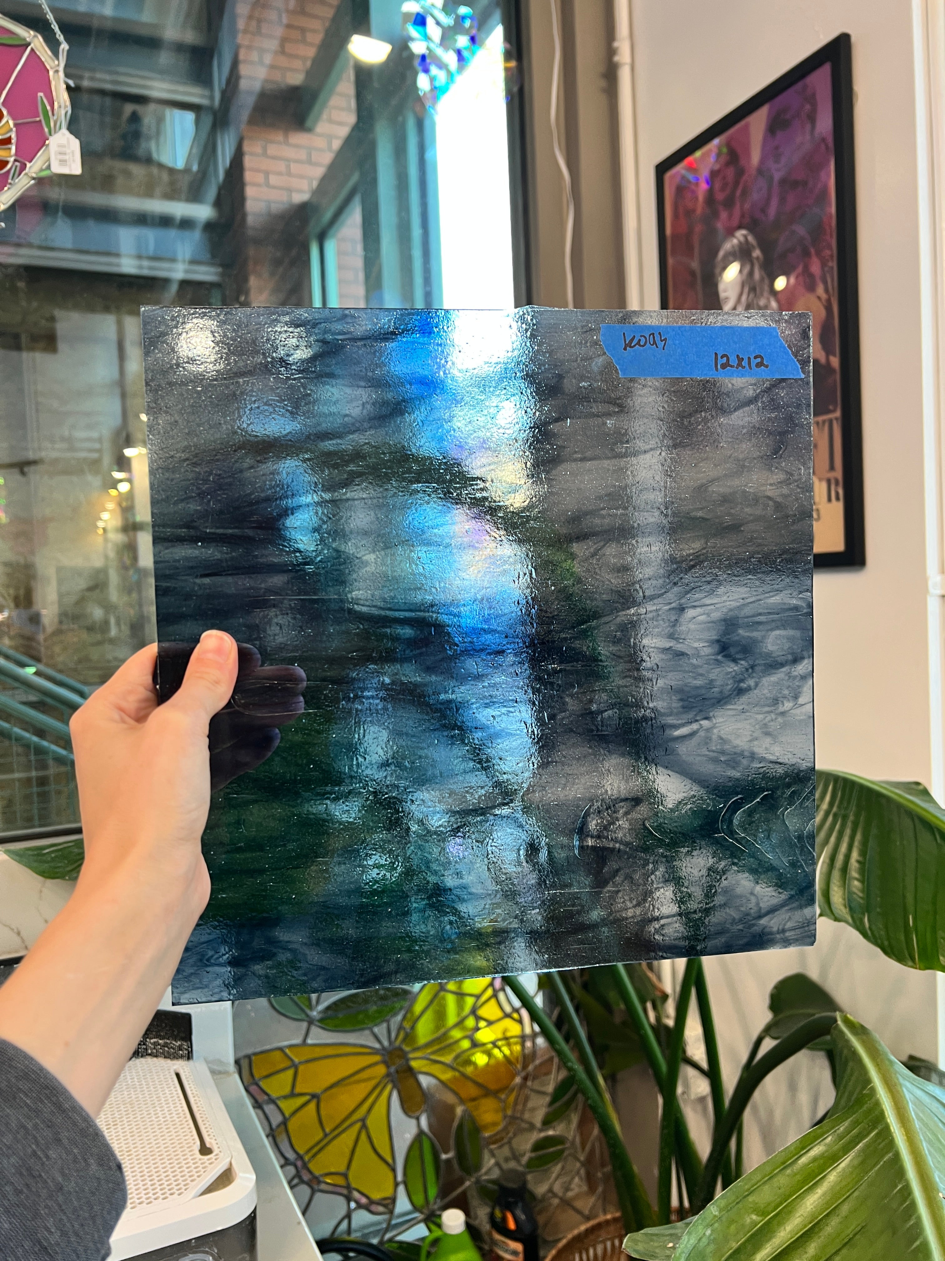 Blue Gray Wispy Vintage Kokomo Sheet Glass Colorado Glassworks KO93 (12x12in)