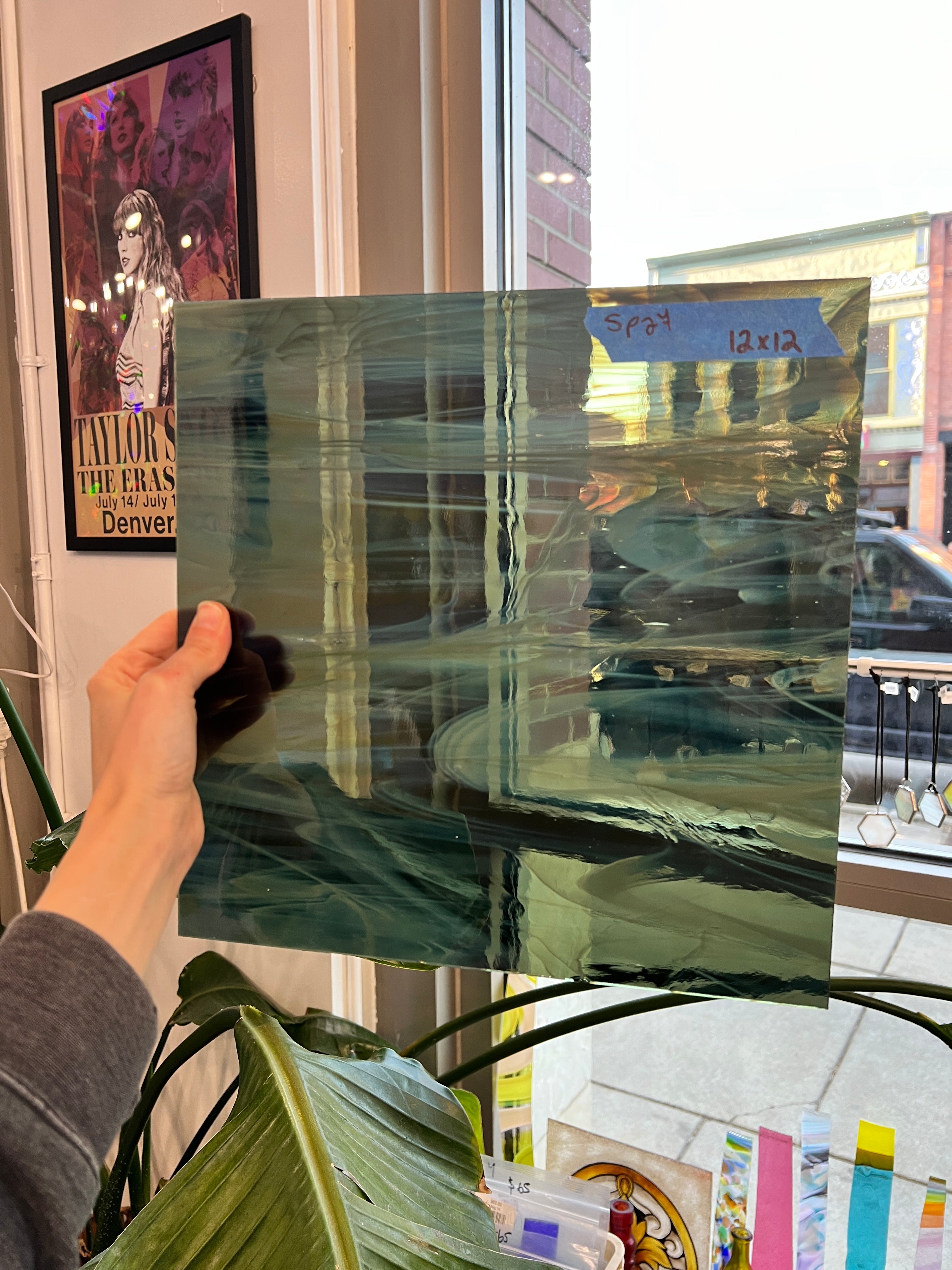 Olive White Wispy Vintage Spectrum Sheet Glass Colorado Glassworks SP24 (12x12in)