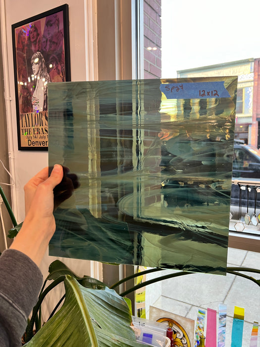 Olive White Wispy Vintage Spectrum Sheet Glass Colorado Glassworks SP24 (12x12in)