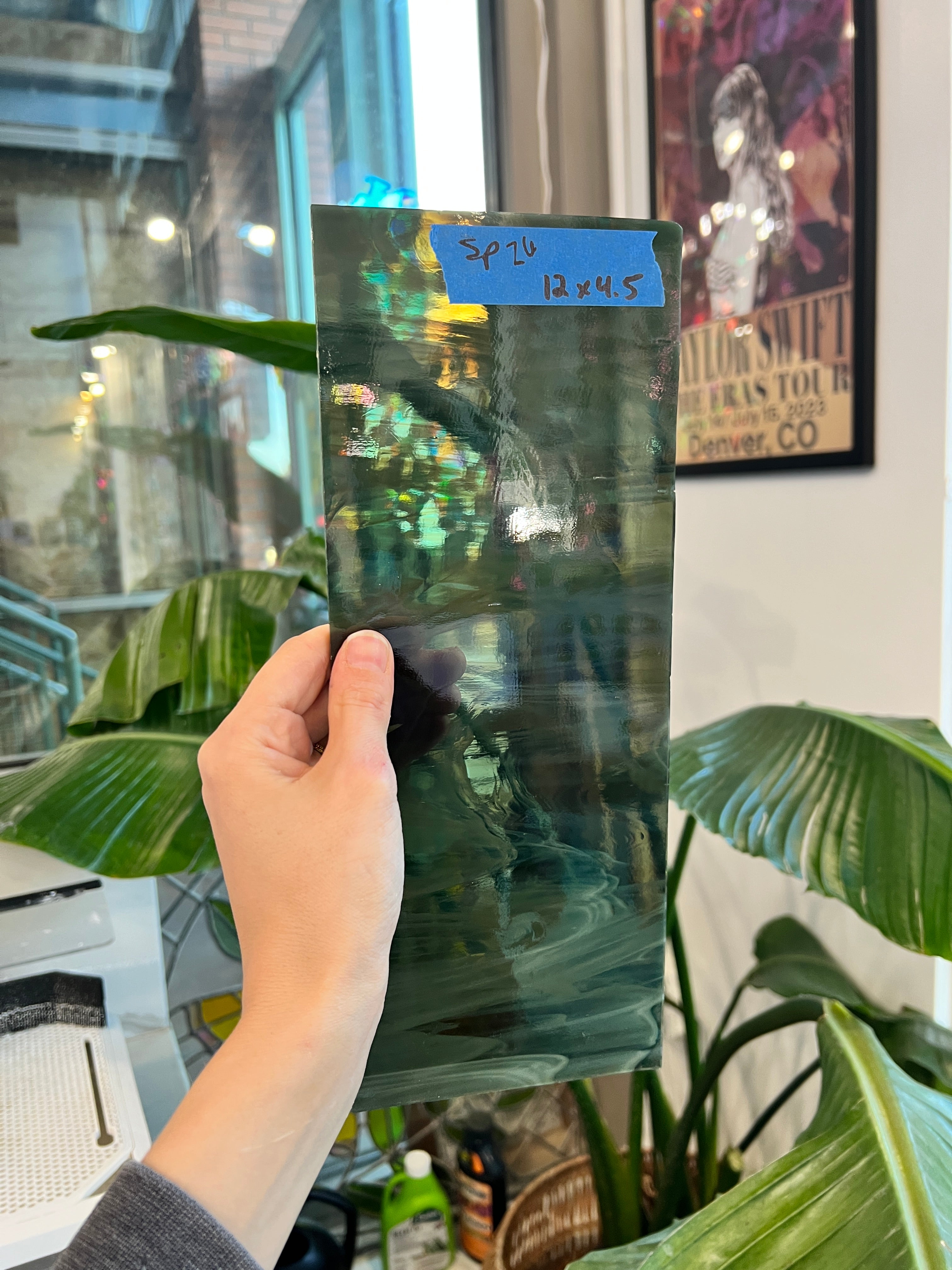 Olive White Wispy Vintage Spectrum Sheet Glass Colorado Glassworks SP26 (12x4.5in)