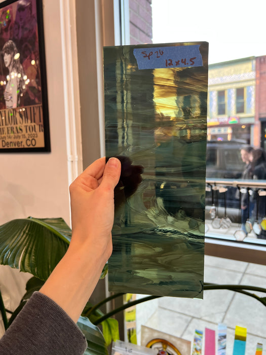 Olive White Wispy Vintage Spectrum Sheet Glass Colorado Glassworks