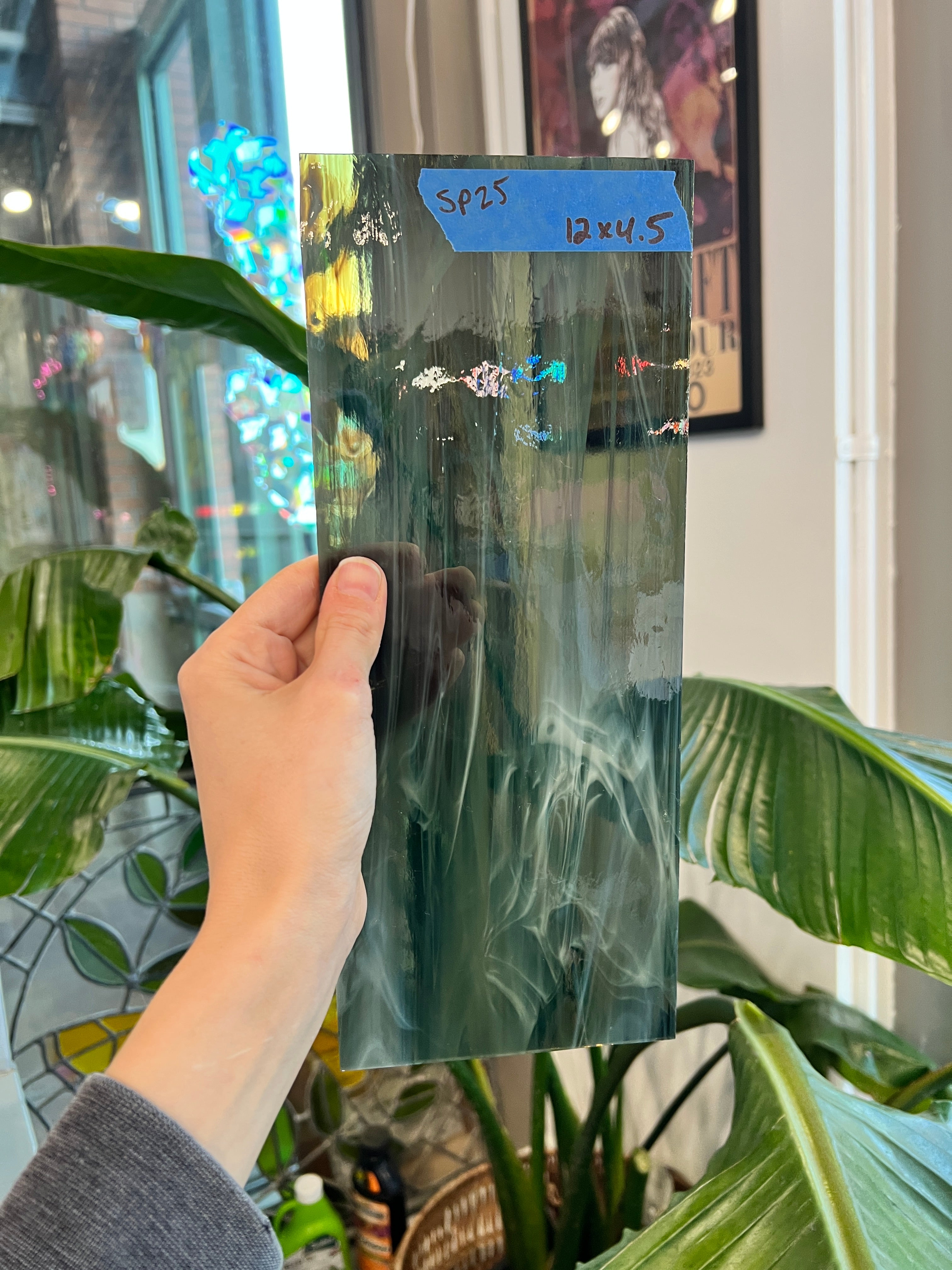 Olive White Wispy Vintage Spectrum Sheet Glass Colorado Glassworks SP25 (12x4.5in)