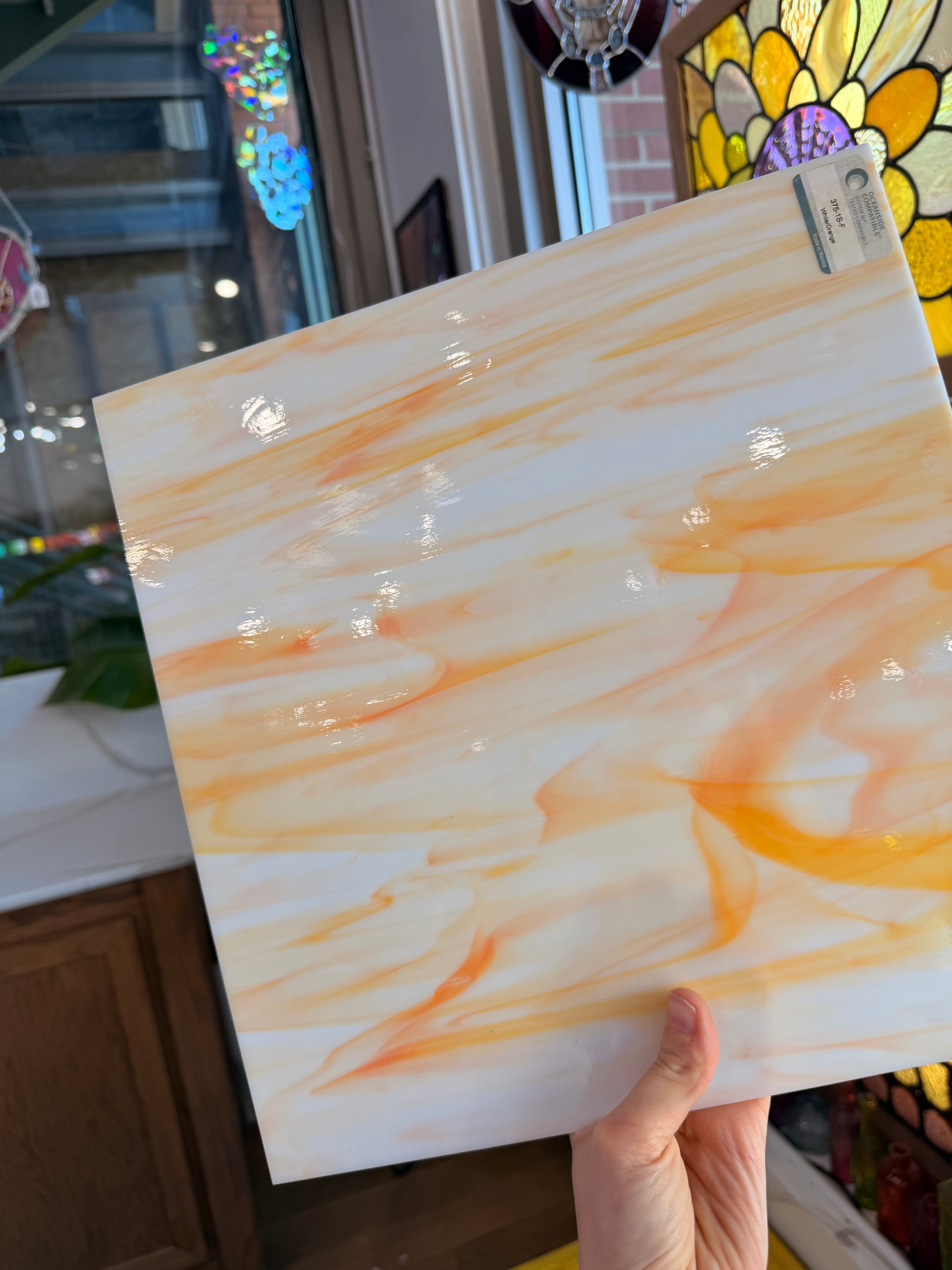 White/Orange Oceanside Fusible 96 COE (OGT 375.1F) Sheet Glass Colorado Glassworks
