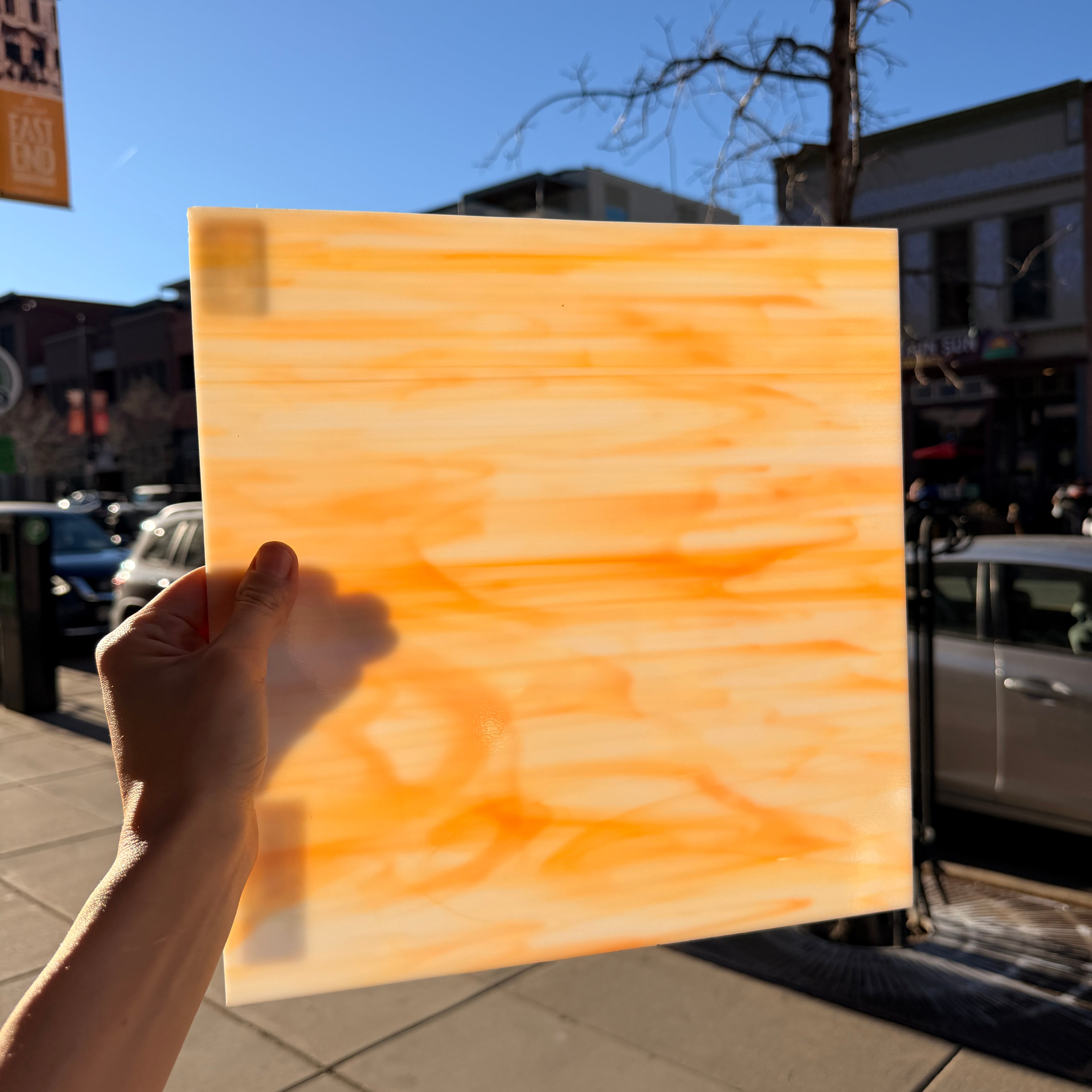 White/Orange Oceanside Fusible 96 COE (OGT 375.1F) Sheet Glass Colorado Glassworks