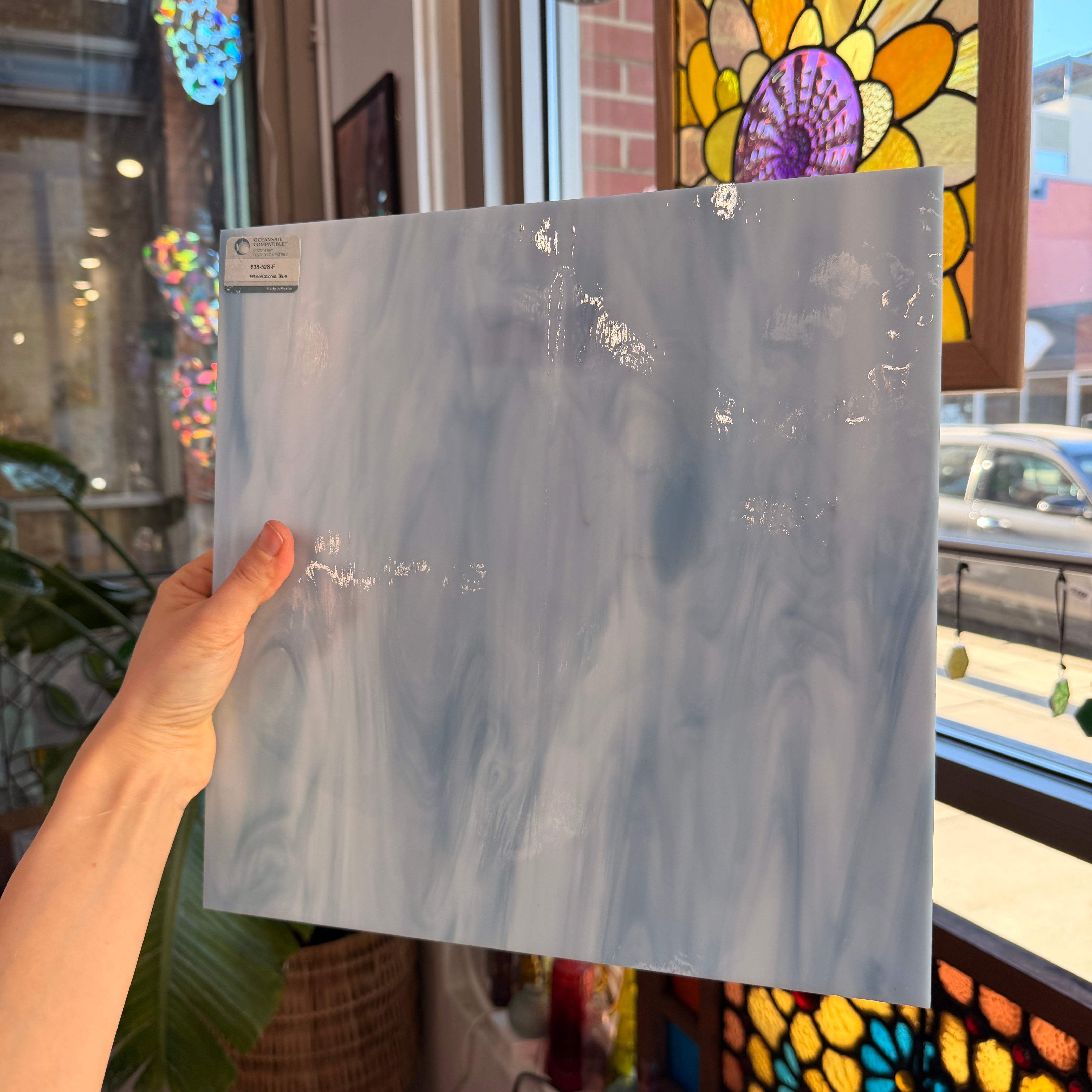 White/Colonial Blue Oceanside Fusible 96 COE (OGT 838.52F) Sheet Glass Colorado Glassworks