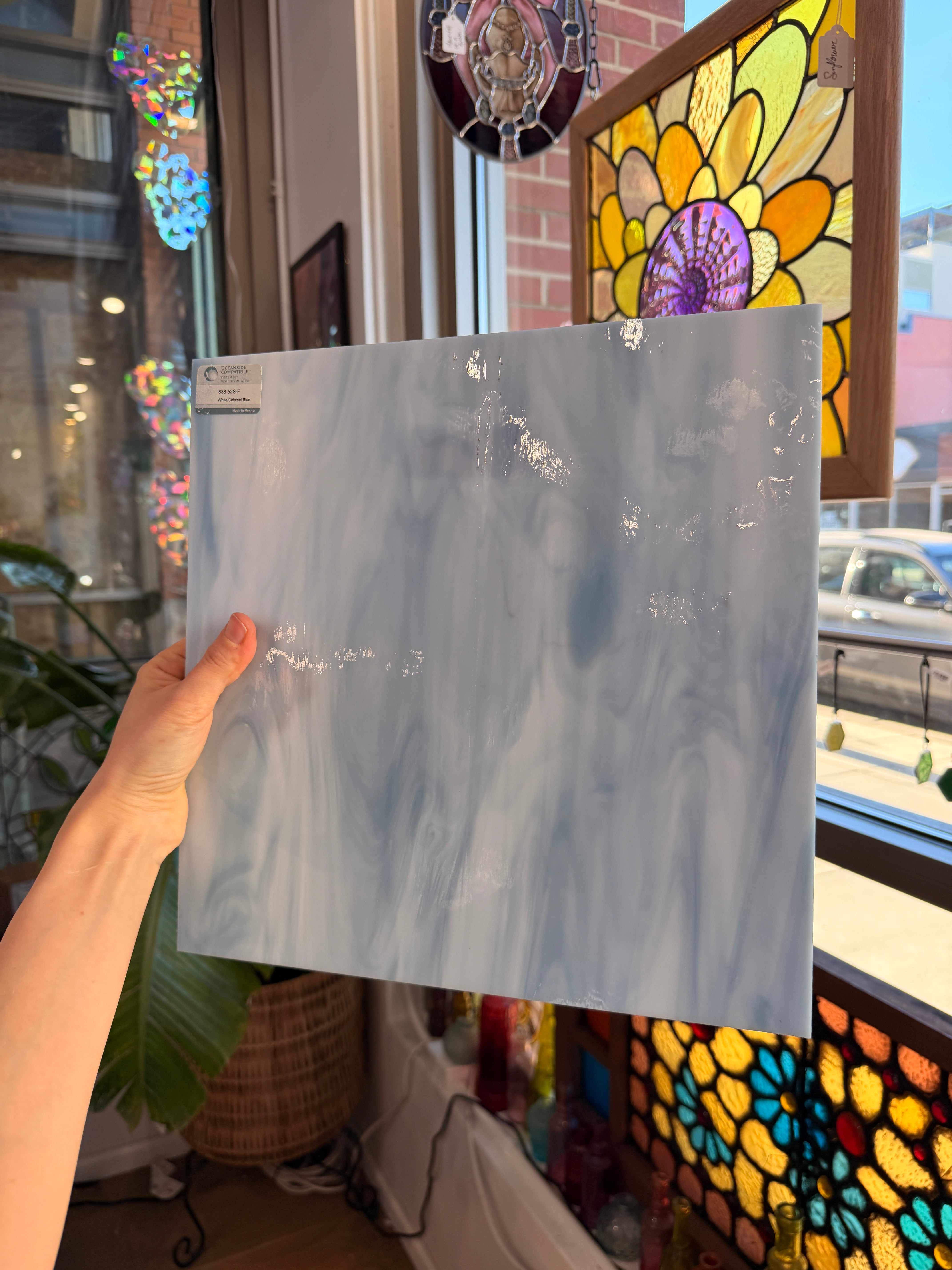 White/Colonial Blue Oceanside Fusible 96 COE (OGT 838.52F) Sheet Glass Colorado Glassworks