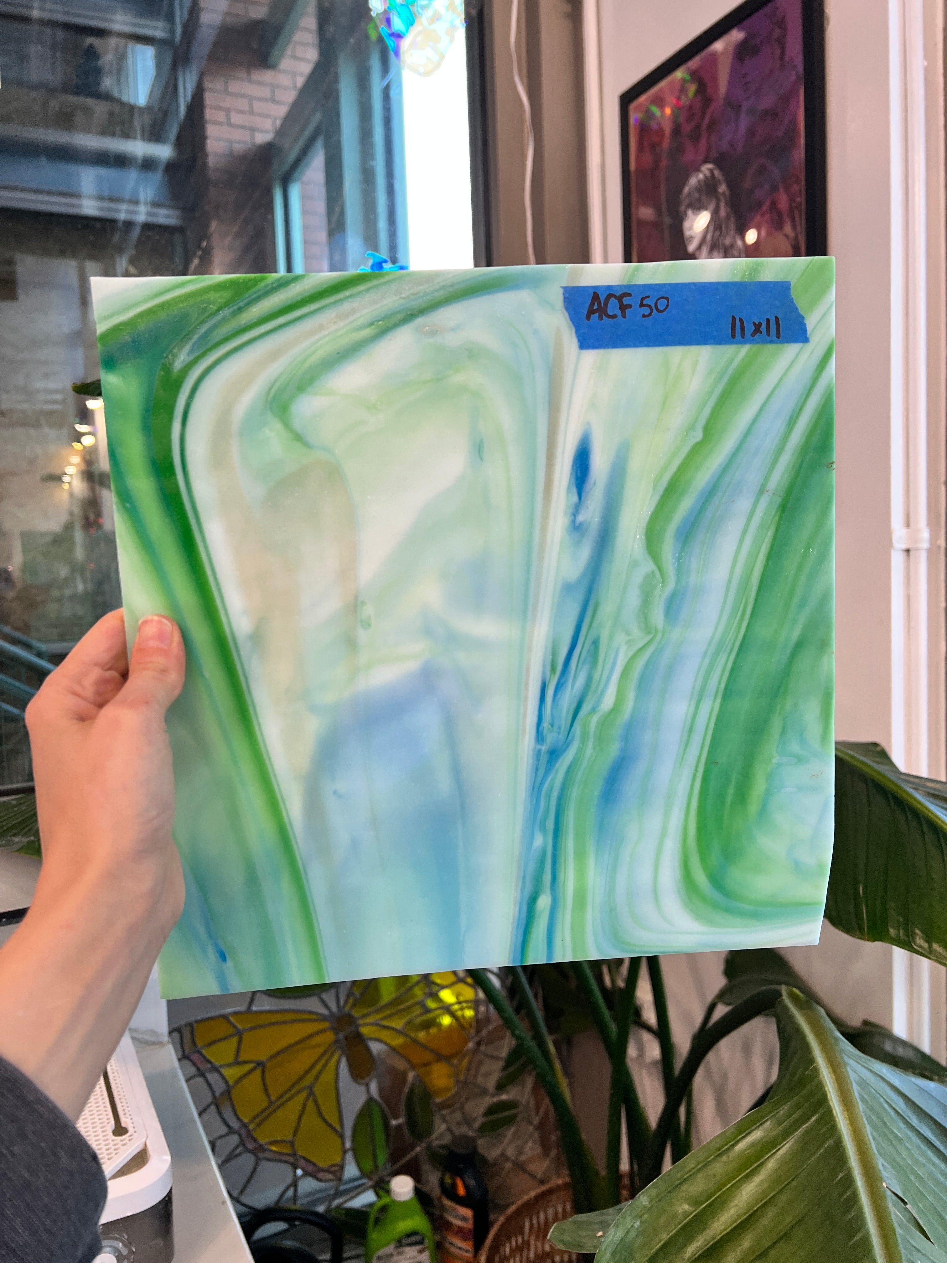 Vintage Blue Green White Mixed AC Fischer Sheet Glass Colorado Glassworks ACF50 (11x11in)