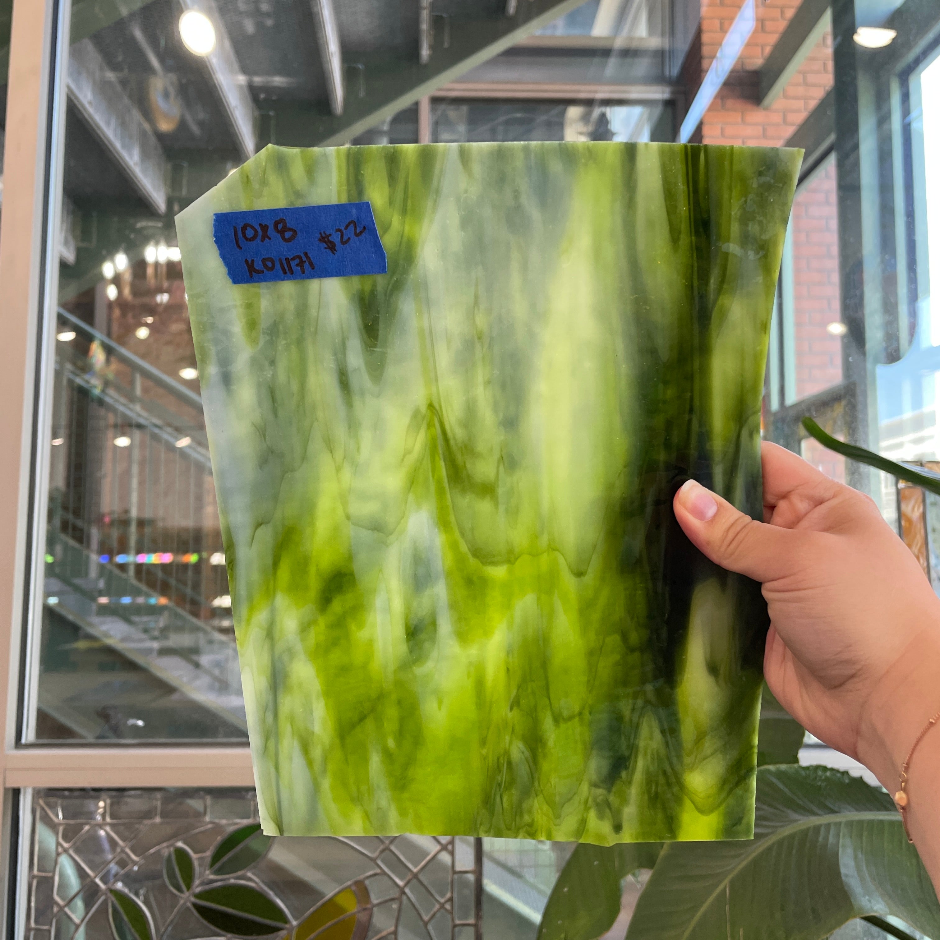 Green White Wispy Semi-Opaque Kokomo Sheet Glass Colorado Glassworks